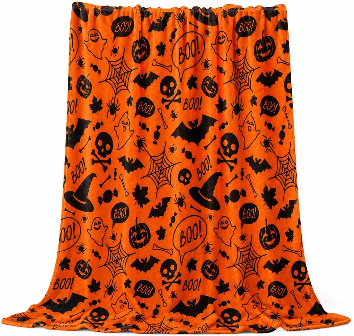 Wohndecke Halloween-Kuscheldecke mit Fledermaus, Geist & Kürbis, 130 × 150 cm, FOUORTUNATE-BEE, Halloween-Fleecedecke, 130 × 150 cm, für Sofa, Bett & Kinder