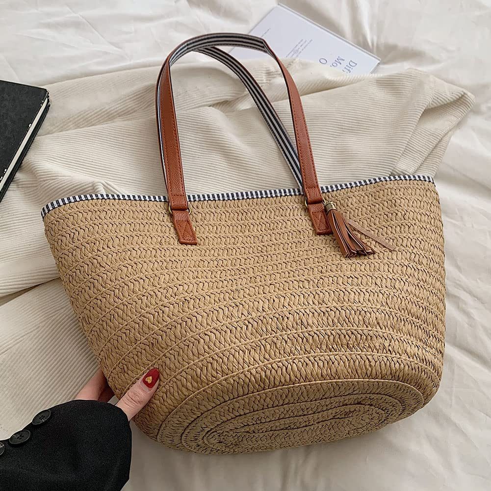 Zaewry Strandtasche Stroh Strand Schultertasche Tasche,Damen Sommer Böhmische Handtasche, für Reisen Strand Reise Schule Arbeit Einkaufen – Bild 3 von 5