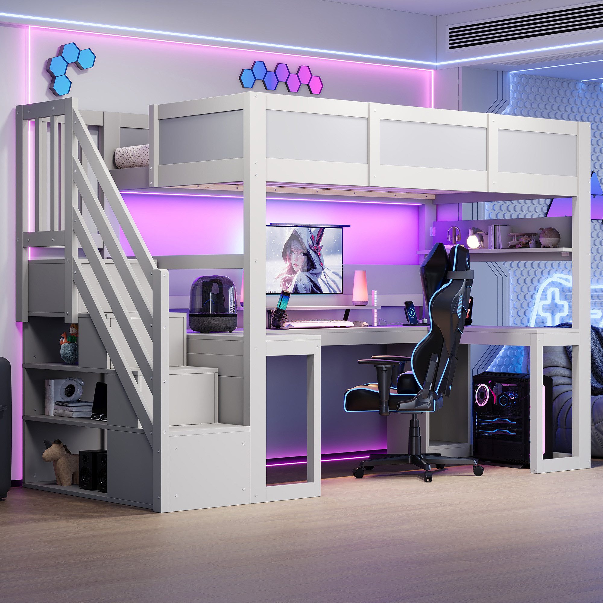 Flieks Hochbett Gamingbett 90x200cm mit Schreibtisch, Stauraumtreppe, LED & Aufladen