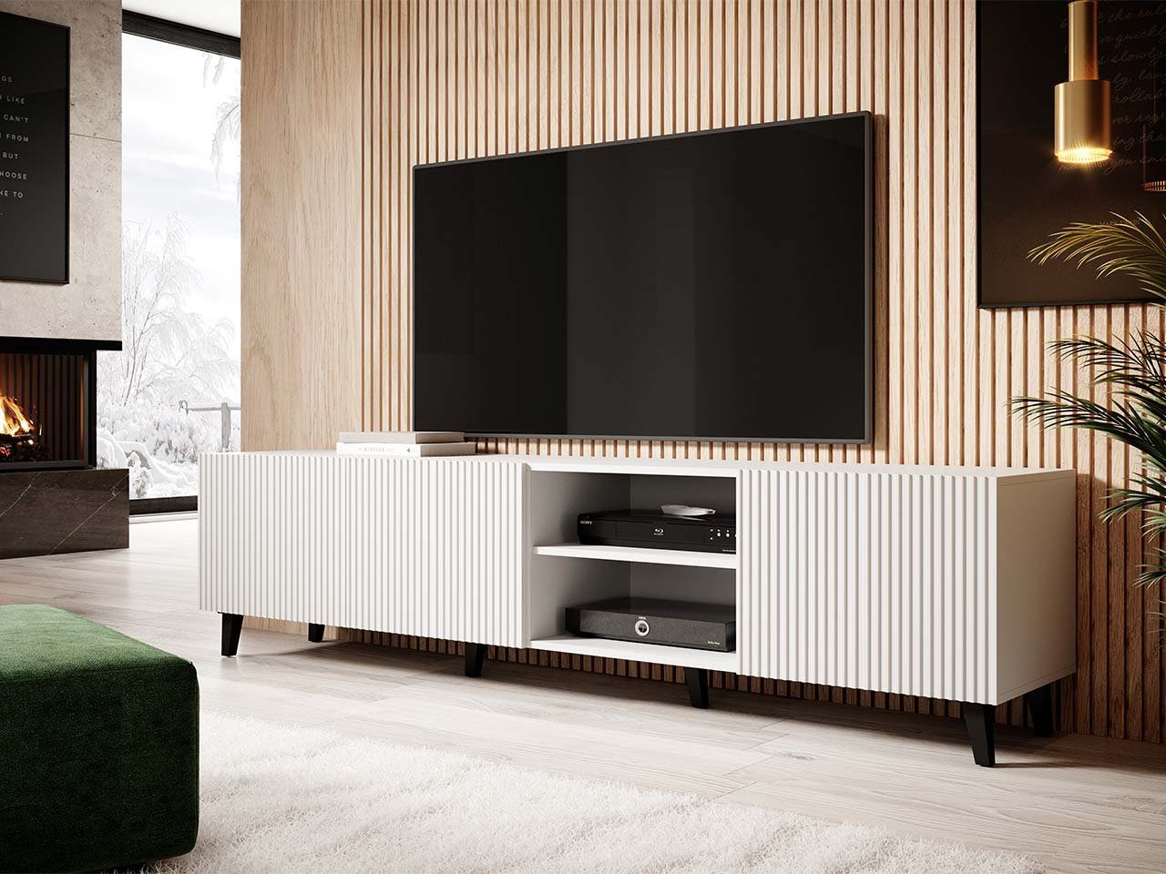 Mirjan24 TV-Schrank Pafos 200 TV-Tisch mit Schwarz TV-Kommode + 4 Weiß / Türen, Modern Wohnzimmer Weiß