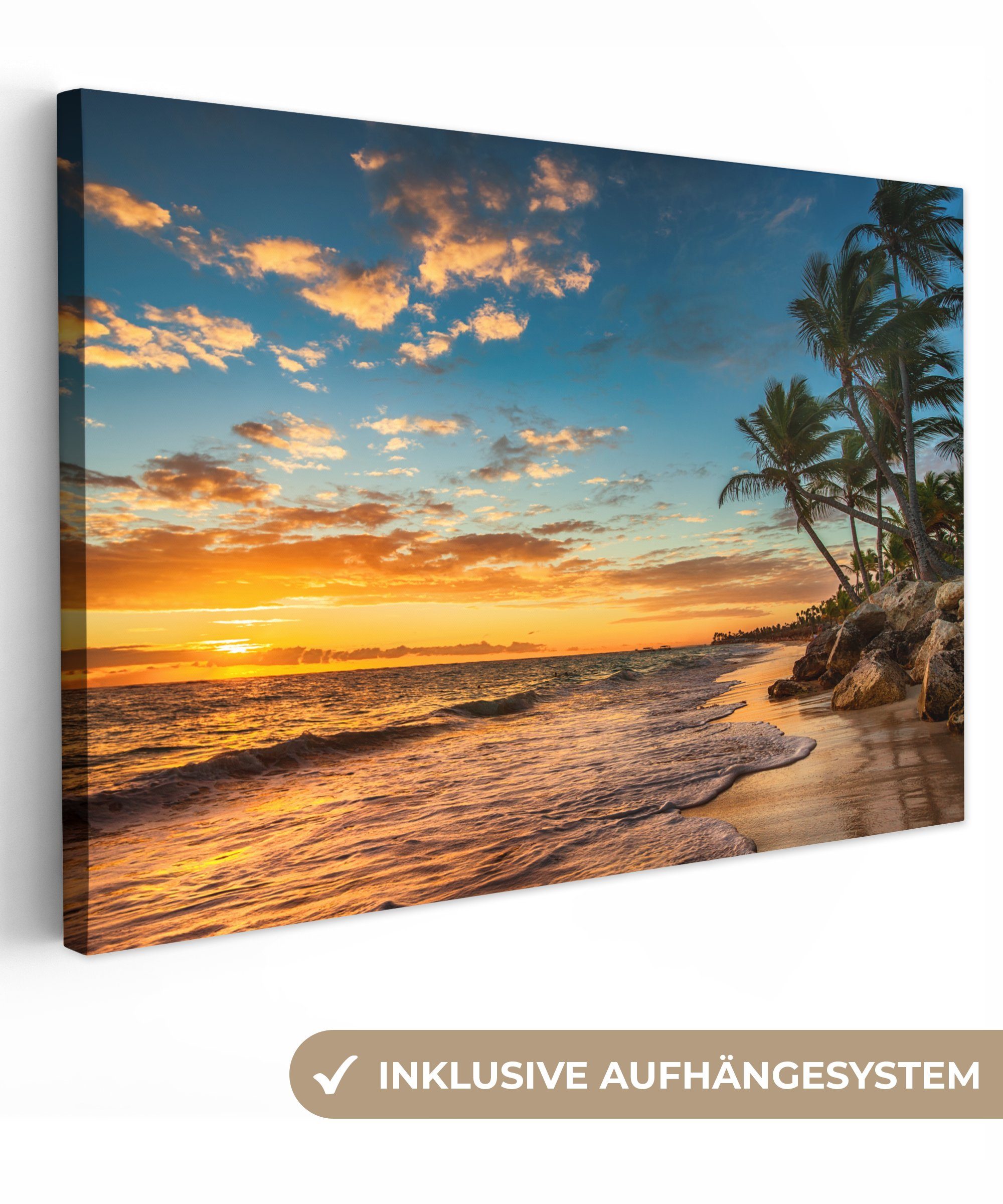OneMillionCanvasses® Leinwandbild Strand - Sonnenuntergang - Meer - Palme, günstig online kaufen