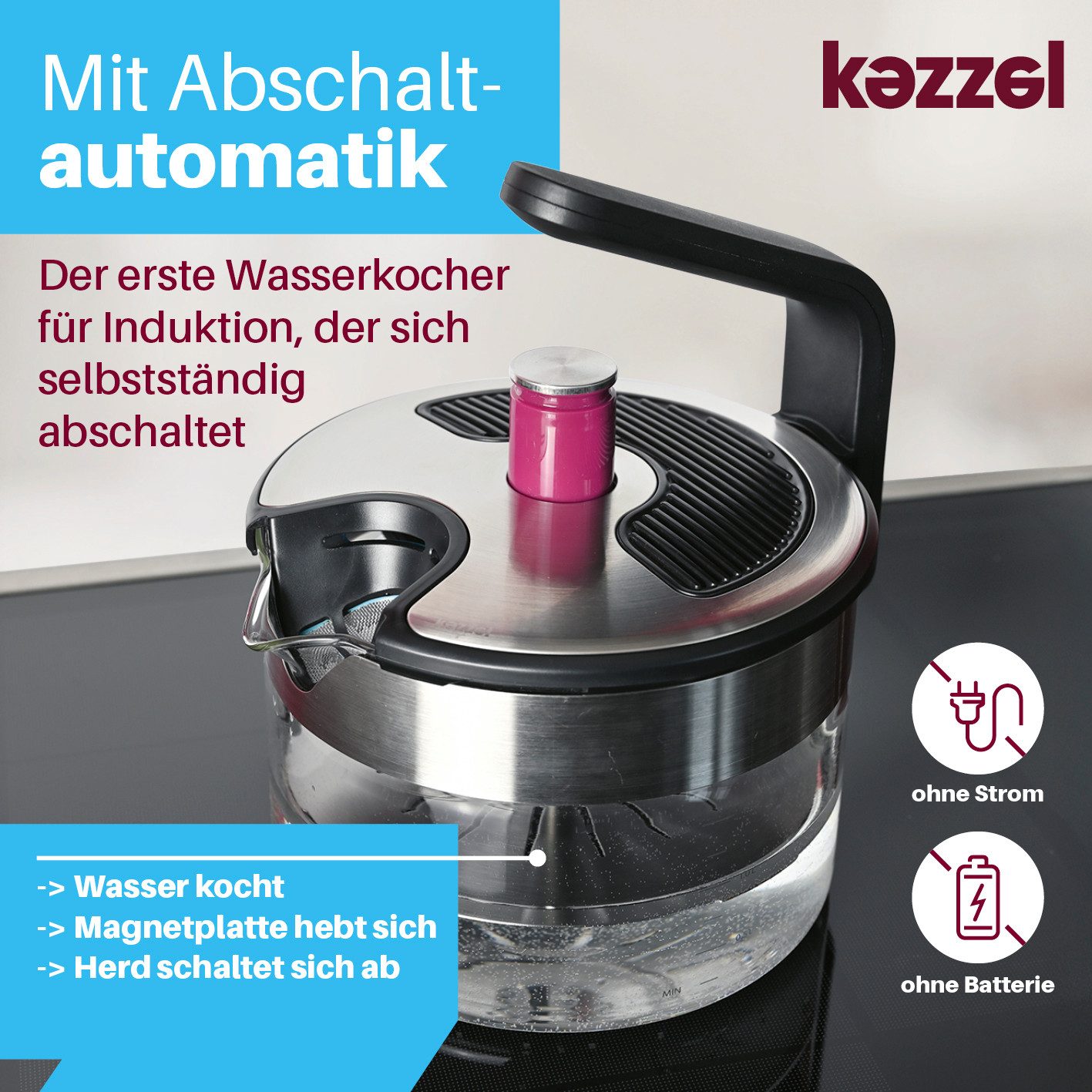 Kezzel Wasserkessel für Induktionsherde, 7-fach patentiert, 1,5 Liter Kapazität, Minimalistisches Design aus Edelstahl & Glas, (1-tlg), Automatische Abschaltfun – Bild 4 von 5