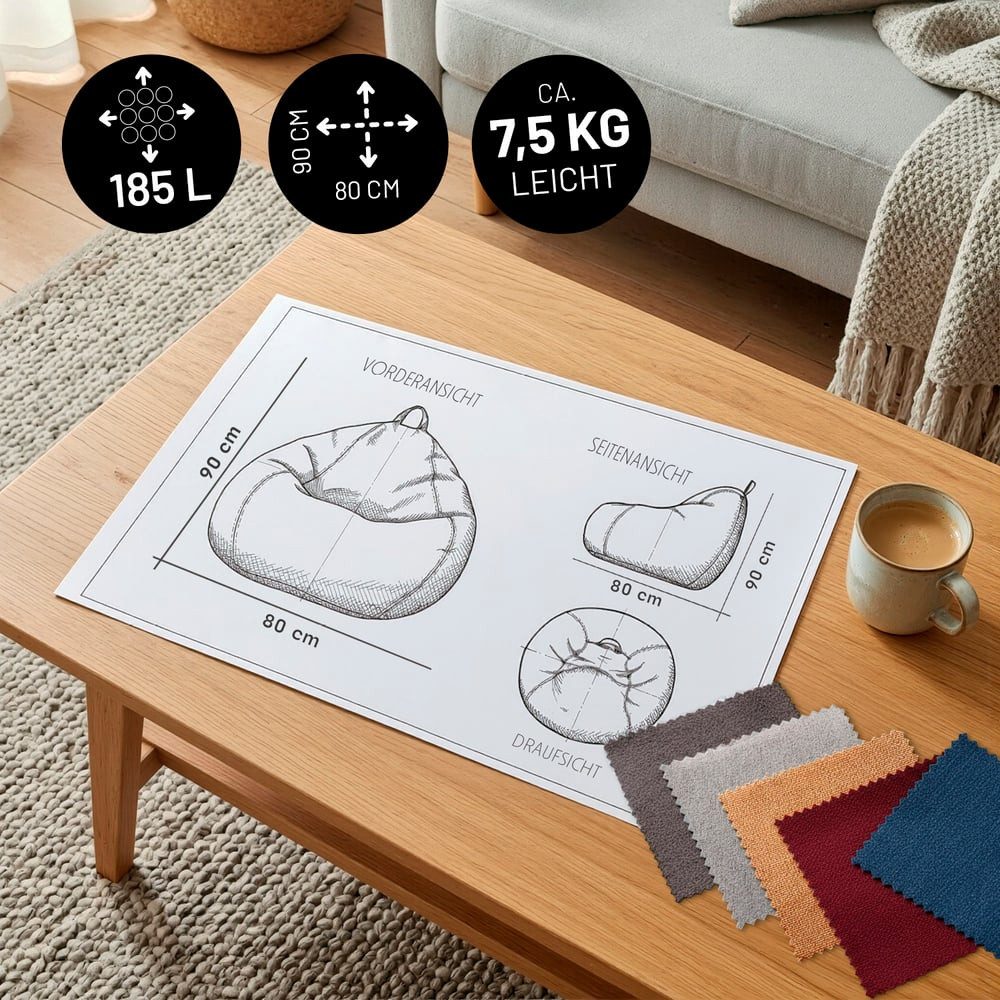 Lumaland Sitzsack LUMALAND Comfort Line Sitzsack L, 185 L - bequemer Indoor Sofa Sessel, Pouf separat erhältlich - Bean Bag mit Füllung - XXL Lounge Sitzkissen – Bild 3 von 5