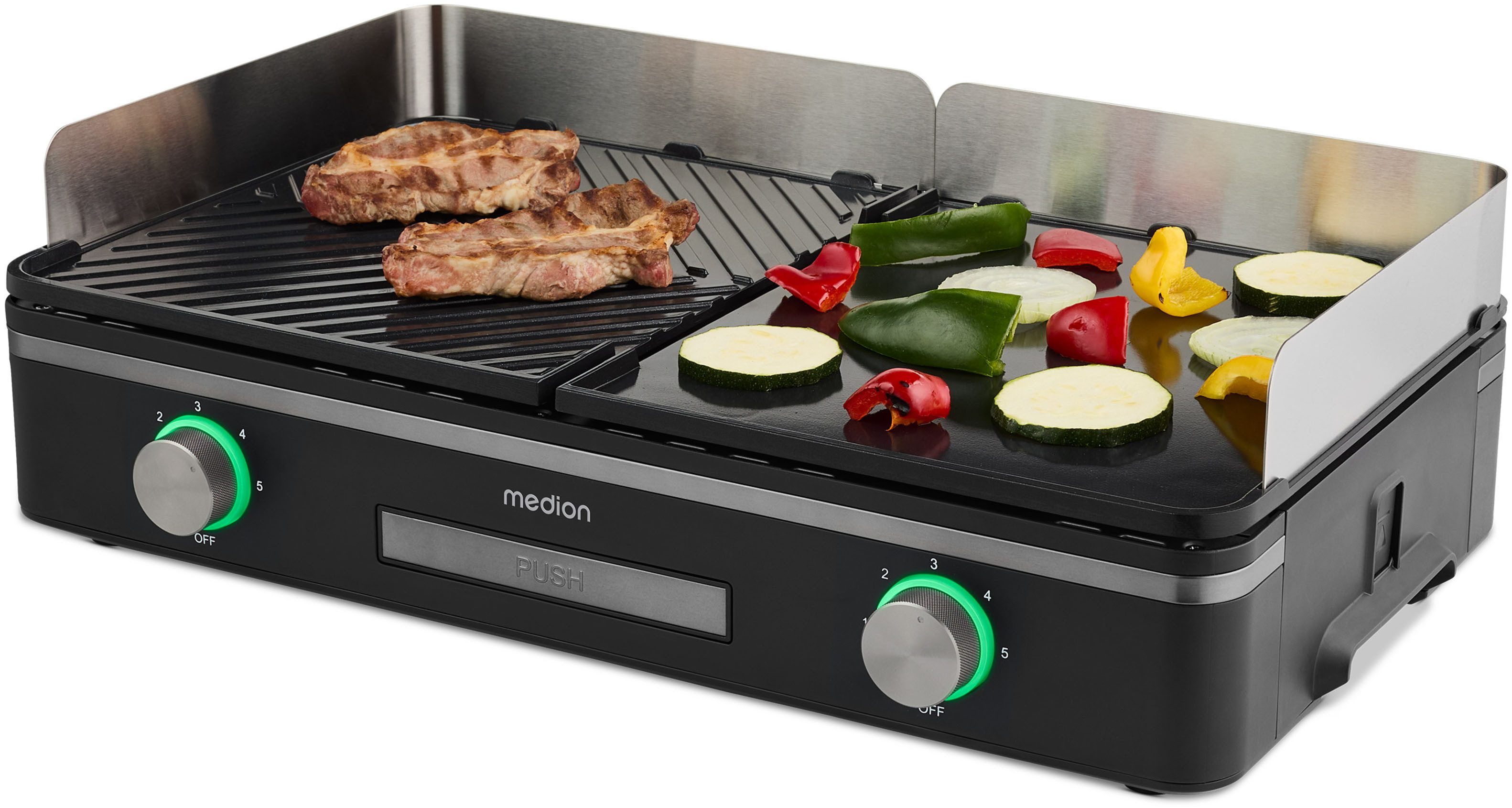 Medion® Tischgrill MD12027, mit Dual-Zonen-System, 2,400 Watt, 2 abnehmbare Platten, 2400 W, bis max. 240 °C, PFAS Frei, LED-Statusanzeige, IPX4-Schutz