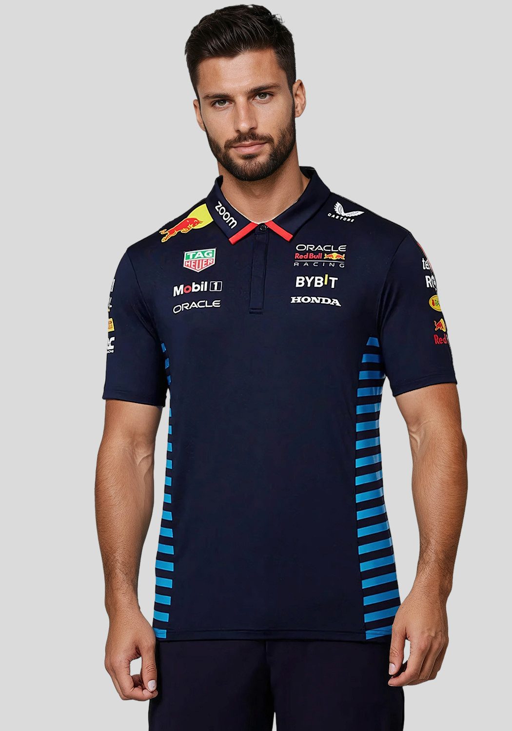 Castore Poloshirt Red Bull Formel 1 Team Polo Shirt Motorsport Sportshirt Original Teamdesign mit Logos auf Brust, Rücken und Ärmeln
