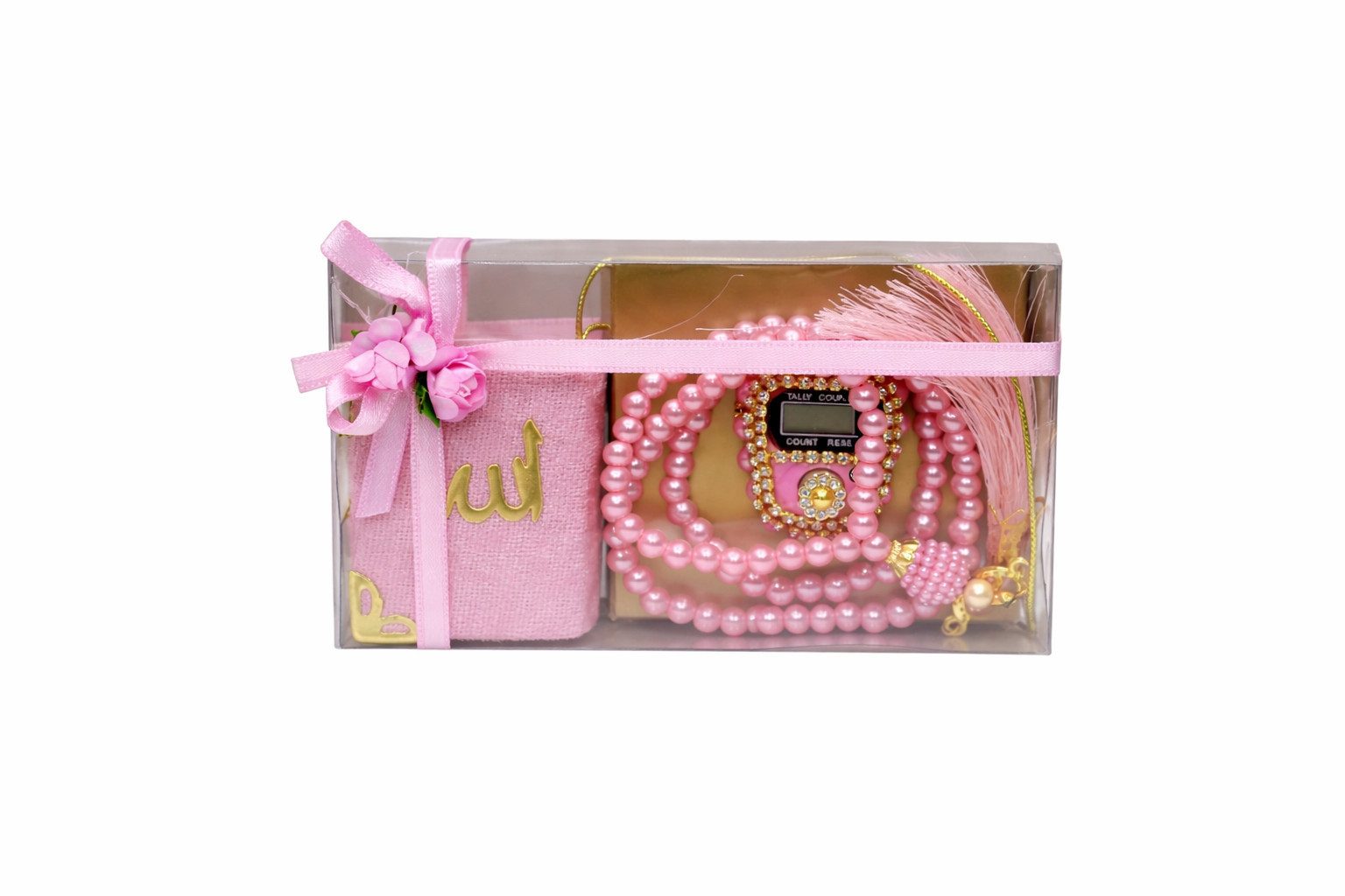 Aymasal Perlenketten-Set Islamische Geschenke 3tlg. 99 Perlenkette & Fingerzähler & Mini Koran, Dhikr Zähler mit Strasssteinen, schöne Geschenkverpackung