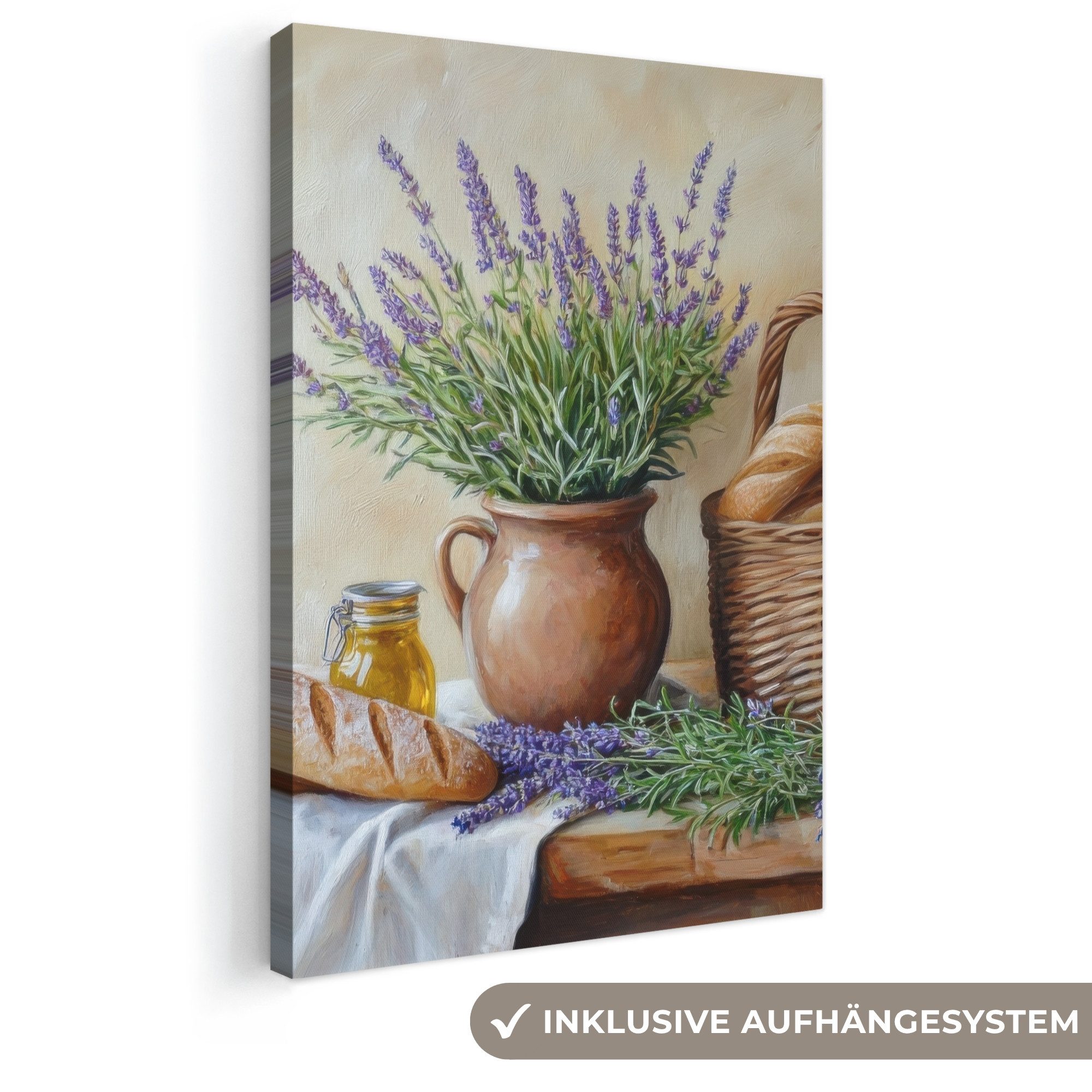 OneMillionCanvasses® Leinwandbild Lavendel - Brot - Stilleben, Fotodruck (1 St), Leinwand Canvas Wandbild, Wanddekoration 20x30 cm