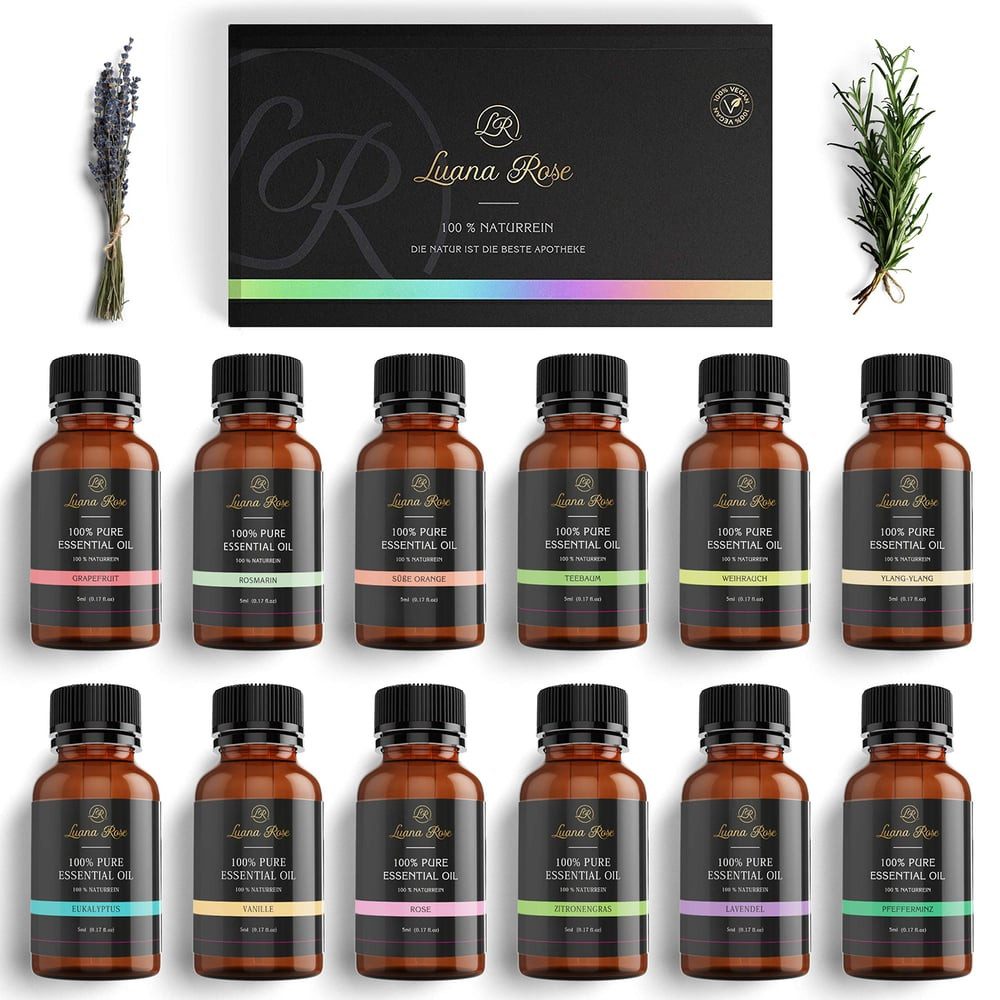 Luana Rose Duftöl 12er-Set Duftöl Raumduft Stresslinderung, Diffuser Duftschale Luftbefeuchter Entspannung ideal als Geschenk