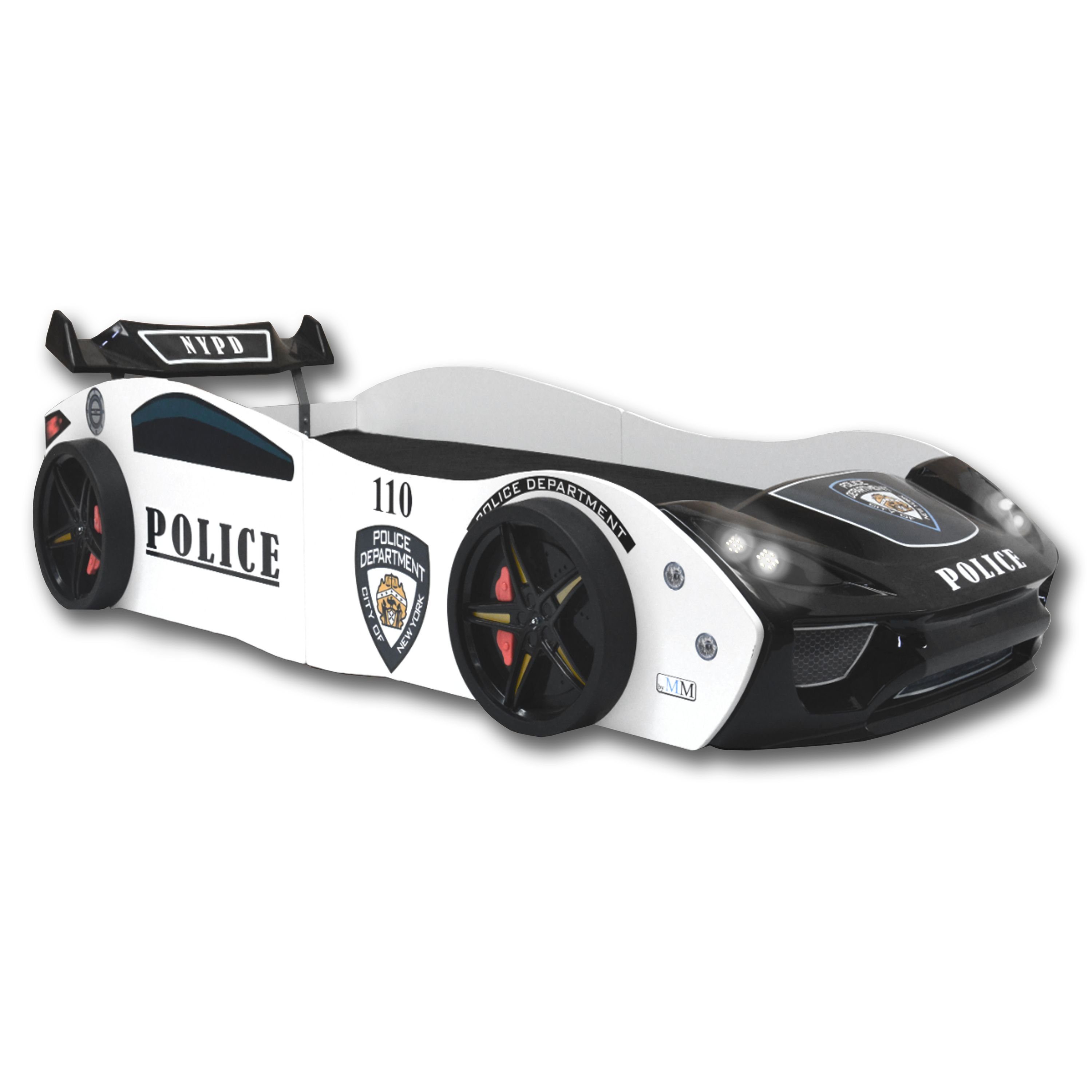 Aileenstore Autobett Police (inkl. Lattenrost LED Licht und Heckspoiler), Kinderbett 90 x 200 cm, Spielbett als Polizeiauto Rennwagenbett