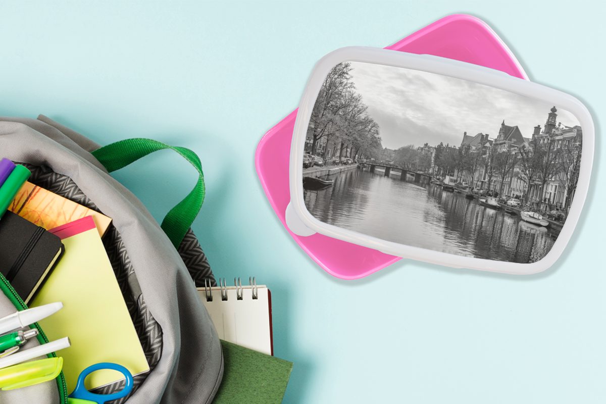Kinder, Lunchbox in Brotdose Kunststoff, Brotbox Amsterdam rosa Snackbox, Mädchen, (2-tlg), Alltägliches der für Kunststoff Prinsengracht schwarz-weiß, Bild Erwachsene, MuchoWow -