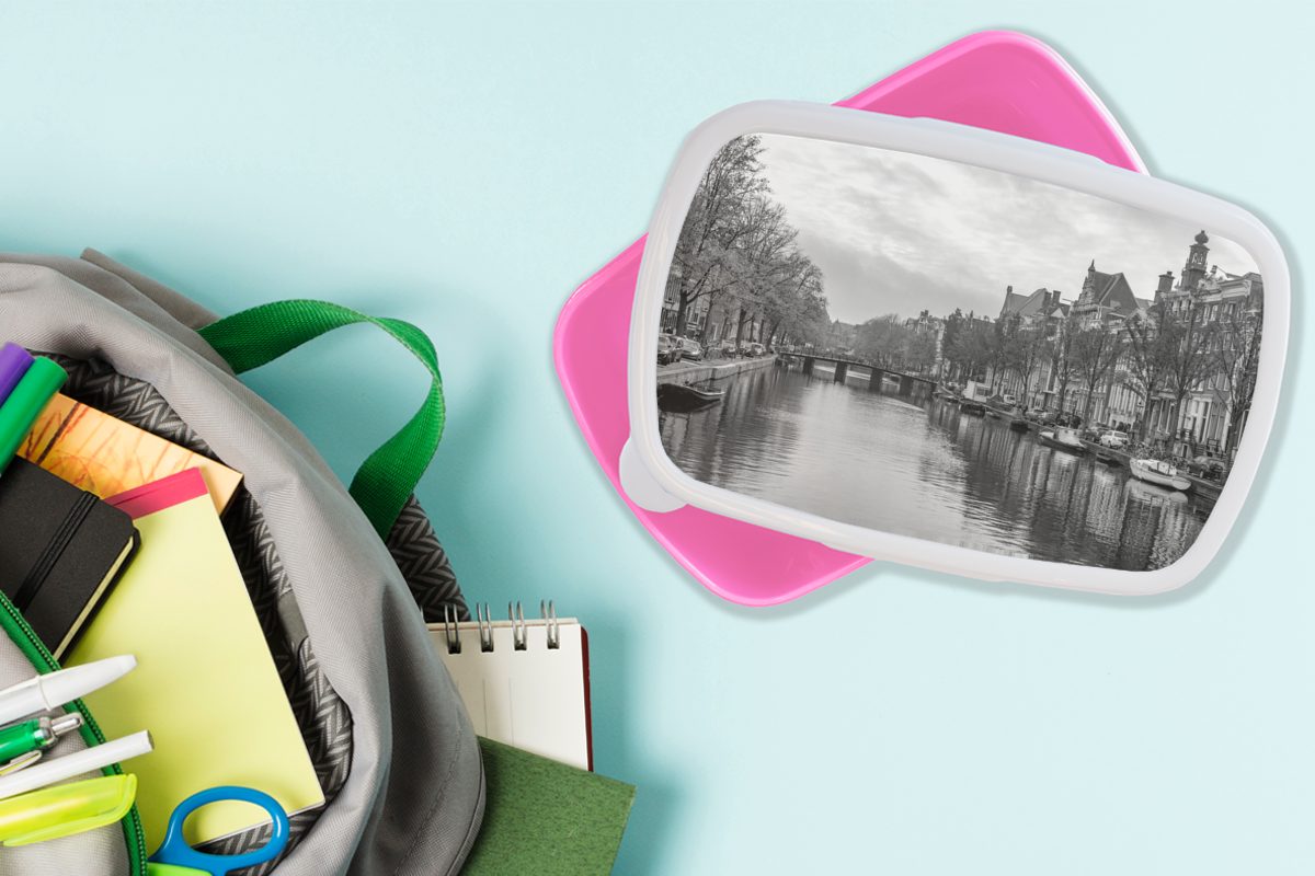 Mädchen, - (2-tlg), schwarz-weiß, Snackbox, Lunchbox Kunststoff, Brotbox Prinsengracht Kunststoff Bild der rosa MuchoWow in für Erwachsene, Kinder, Alltägliches Brotdose Amsterdam