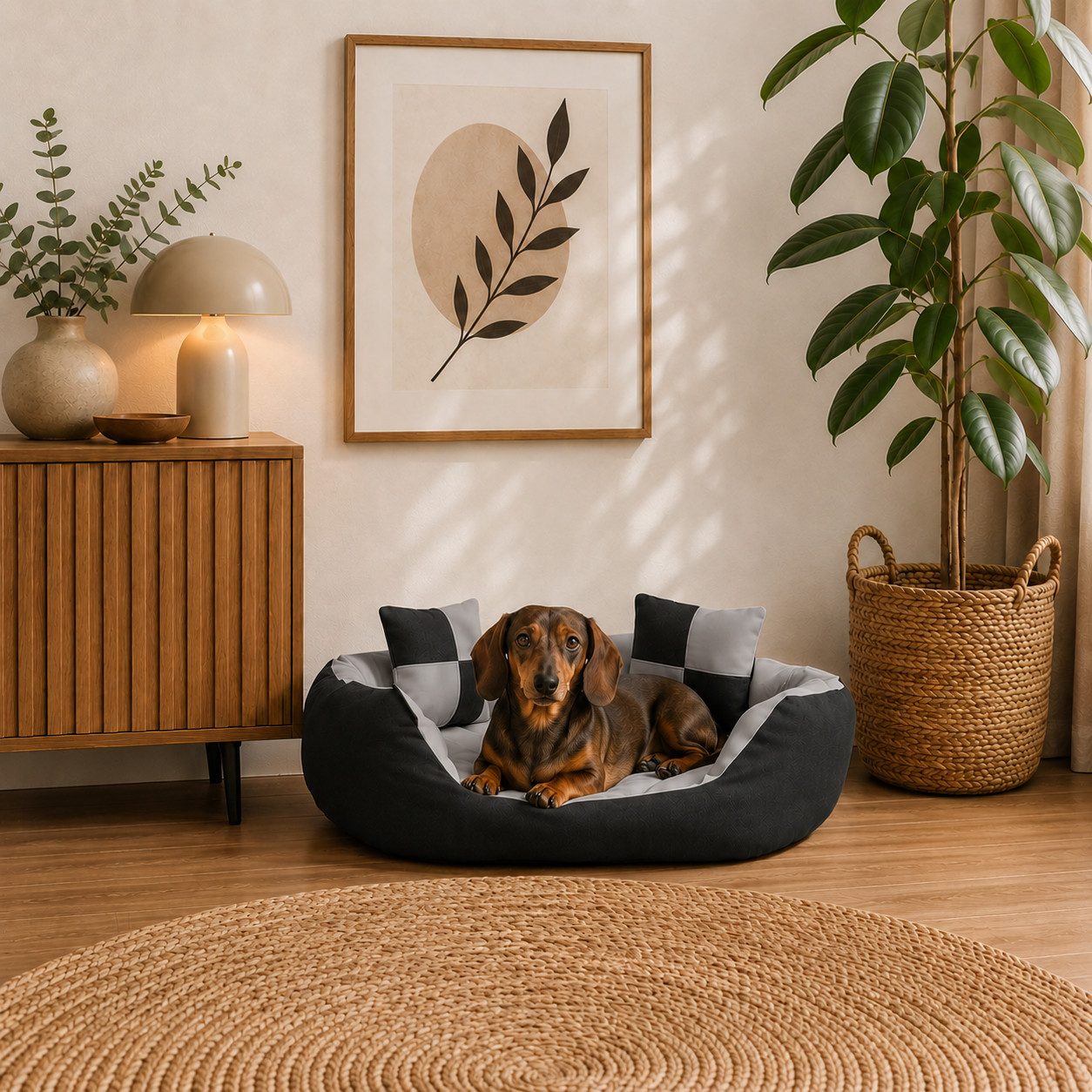 belviona Tierkissen, Hundekörbchen wasserabweisend, 65x50 cm, grau/schwarz, Oxford, Hundebett mit Wendekissen, tiefer Einstieg & 2 Spielkissen