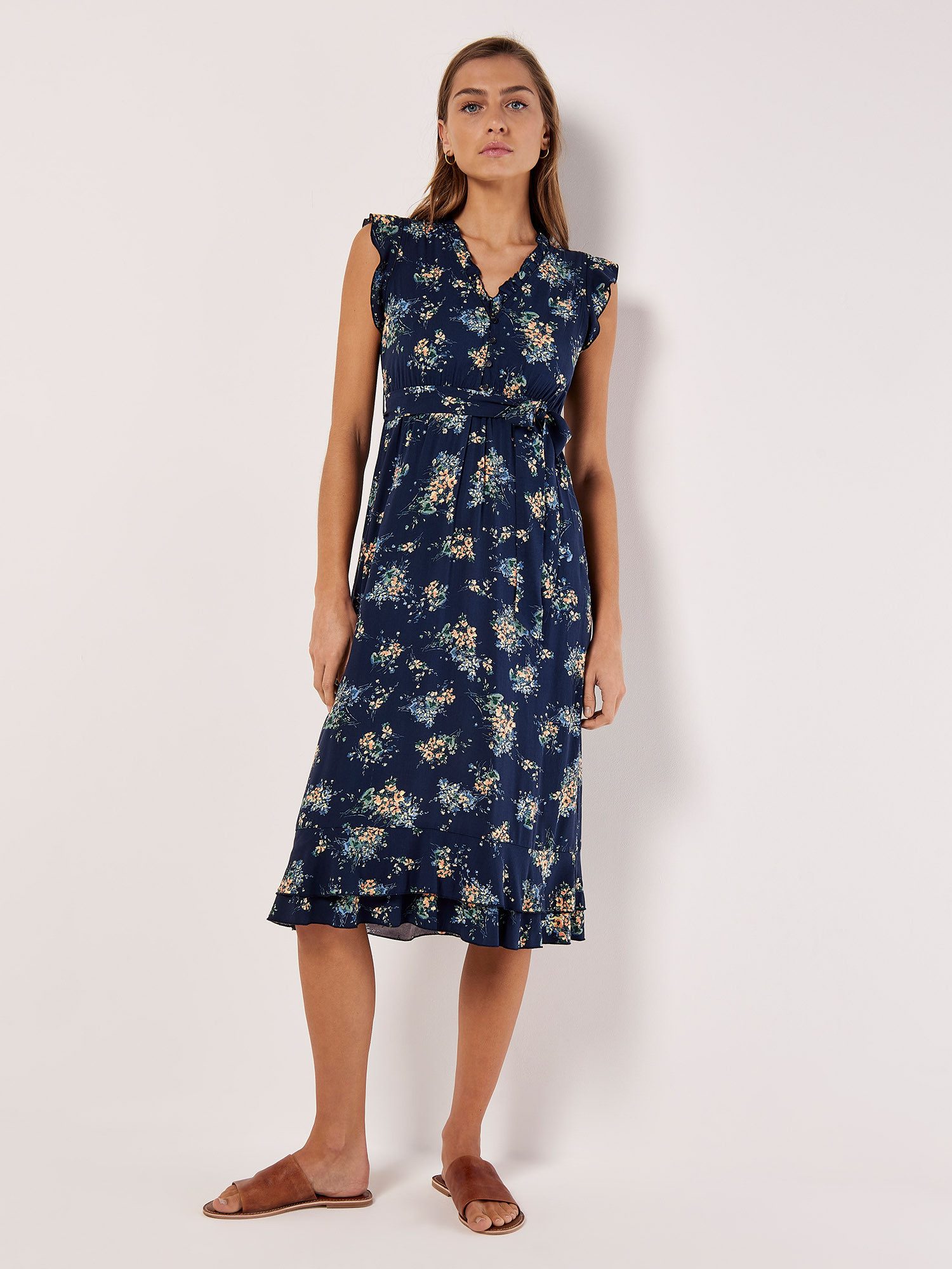 Apricot Midikleid Blumenmuster Rüschen