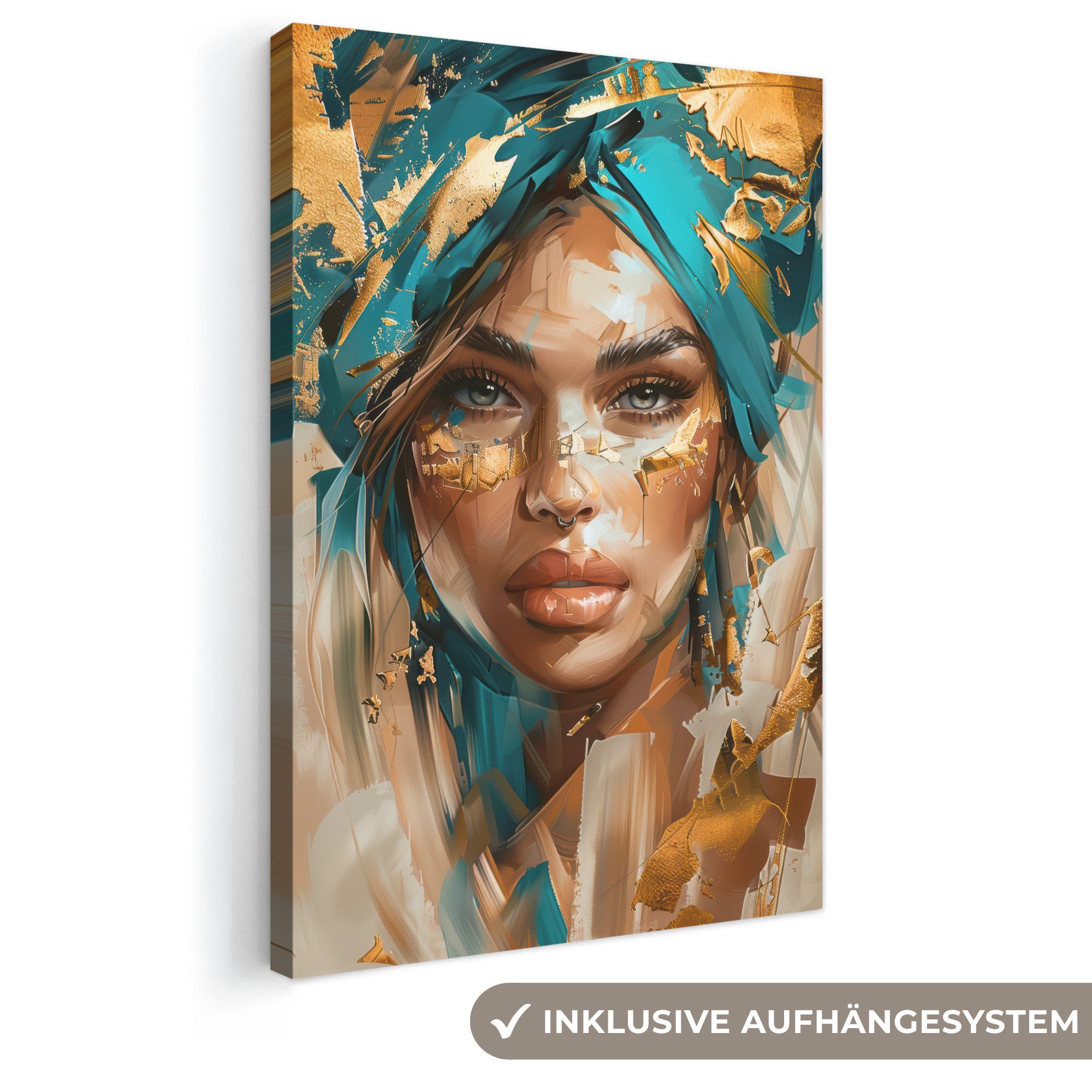 OneMillionCanvasses® Leinwandbild Frau - Porträt - Gold - Luxus - Blau, Fotodruck (1 St), Leinwand Canvas Wandbild, Wanddekoration 20x30 cm