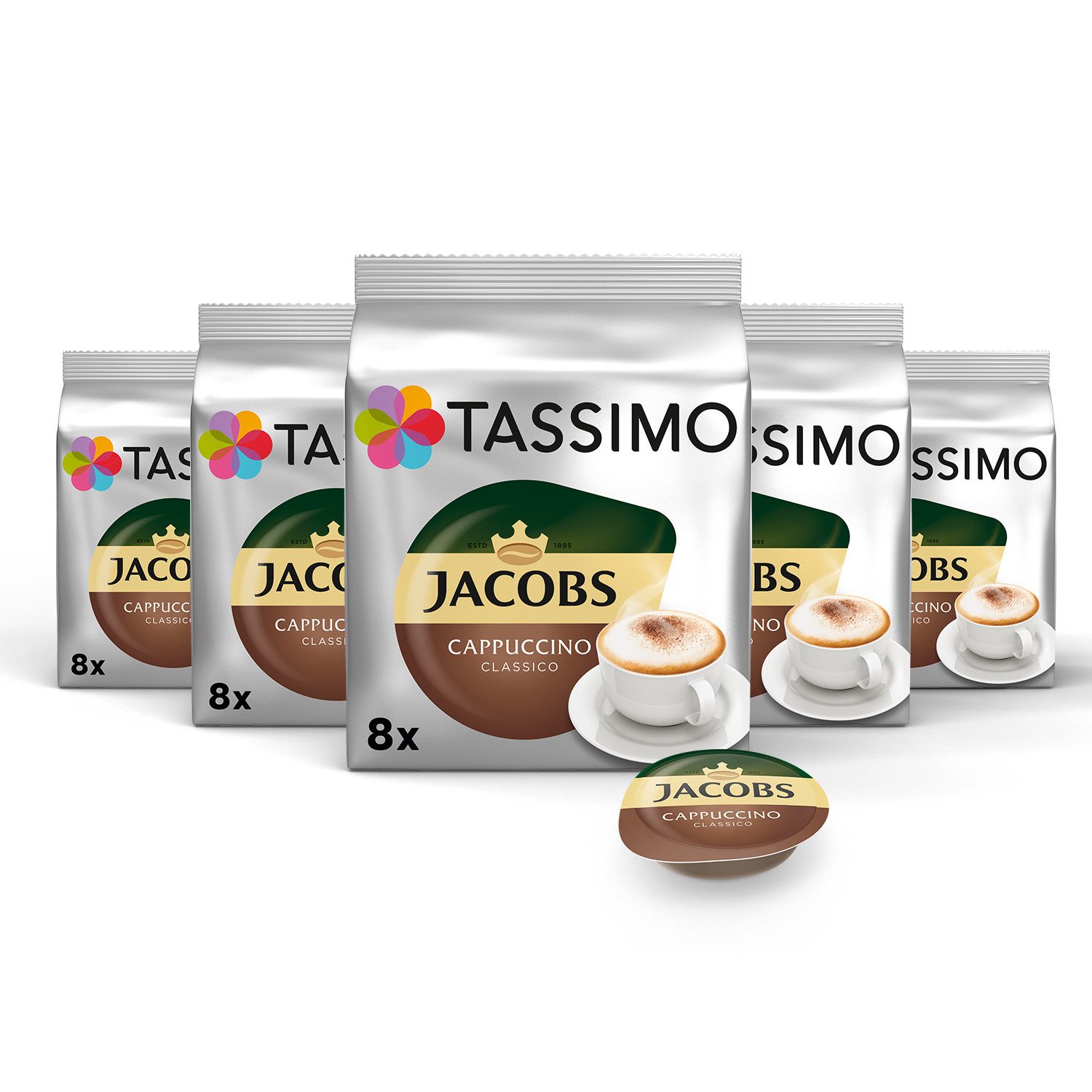 TASSIMO Kaffee Kapseln Jacobs Cappuccino Classico T Discs 5 x 8 = 40 Getränke, (Packung, 5er Pack)