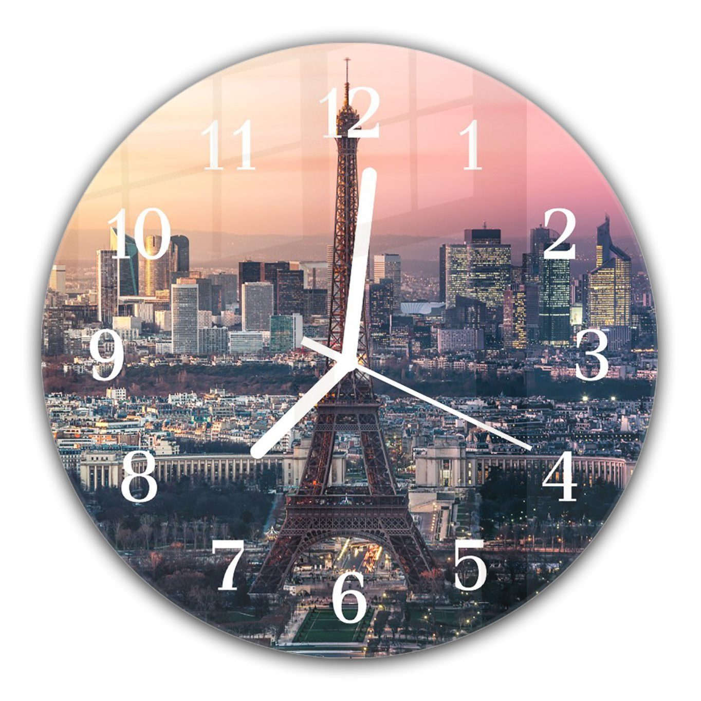 Primedeco Wanduhr Wanduhr aus Glas mit Motiv Eiffelturm im Sonnenuntergang - Rund mit Durchmesser 30 cm und Quarzuhrwerk