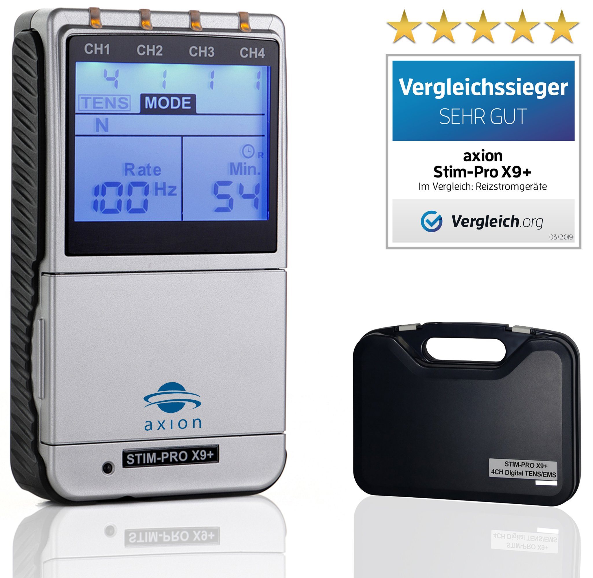 Axion TENS-EMS-Gerät 4 Kanal STIM-PRO X9+ TENS Gerät, TENS Schmerztherapiegerät, (Spar-Set), MEDIZINPRODUKT, EMS Muskelaufbau, Massagegerät, Beckenbodentraining