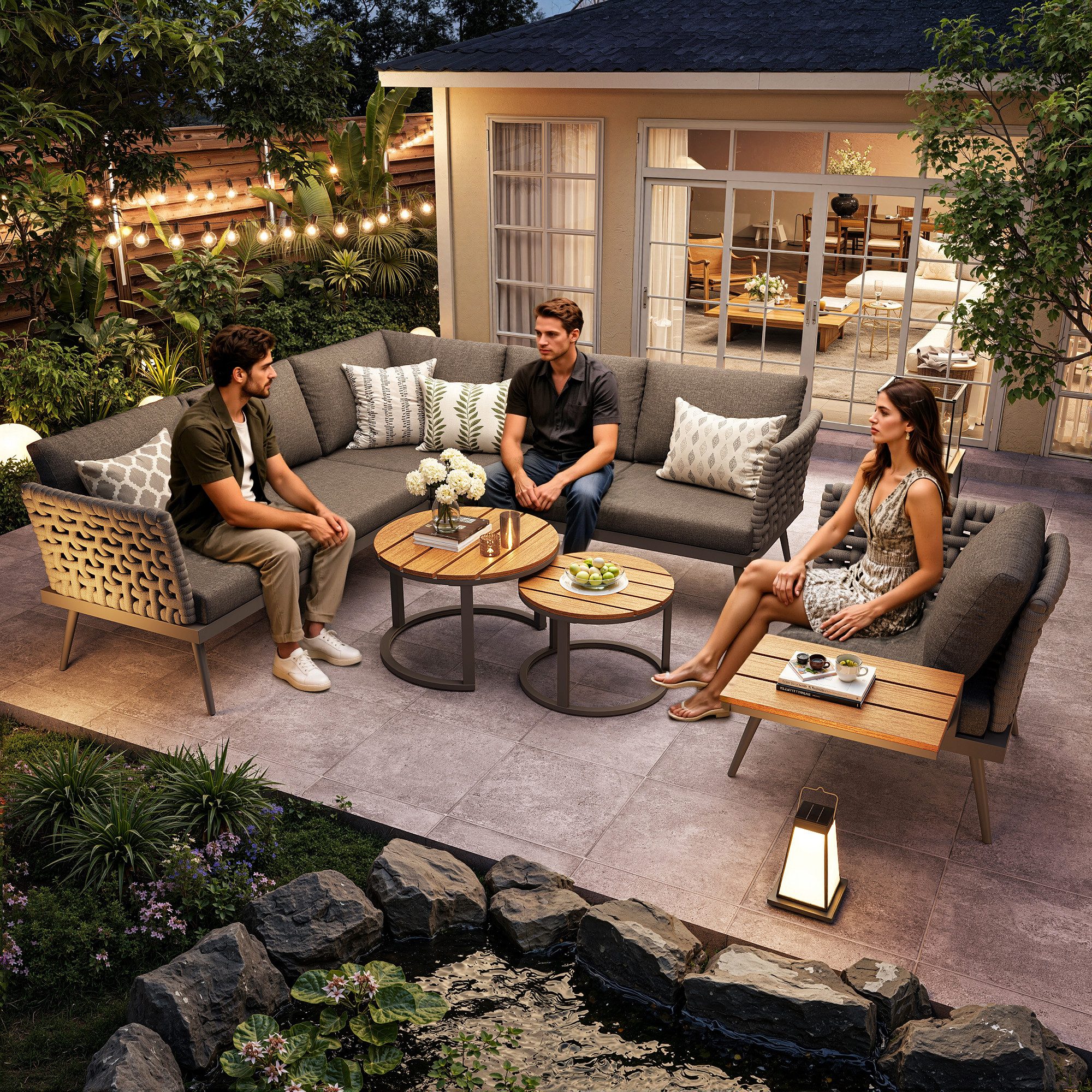 i@home Gartenlounge-Set L-förmiges Modulares Outdoor-Sofa -Set mit Tischen, (mit austauschbaren Armlehnen, runden Tischen und abnehmbaren Kissen, 5-tlg), Wetterfestes Terrassenmöbel für Garten, Balkon & Pool