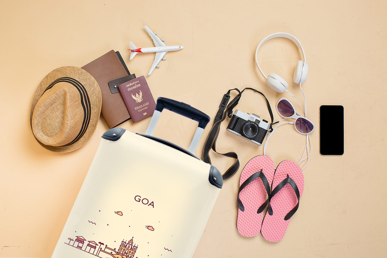 rollen, MuchoWow - Reisetasche 4 Reisekoffer für Indien - Ferien, Goa Handgepäck Rollen, Skyline, Trolley, mit Handgepäckkoffer