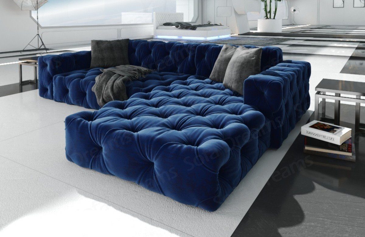 Stoffsofa, Design Sofa kurz dunkelblau77 Samtstoff Menorca Ecksofa Loungesofa Form Sofa L Polster Dreams