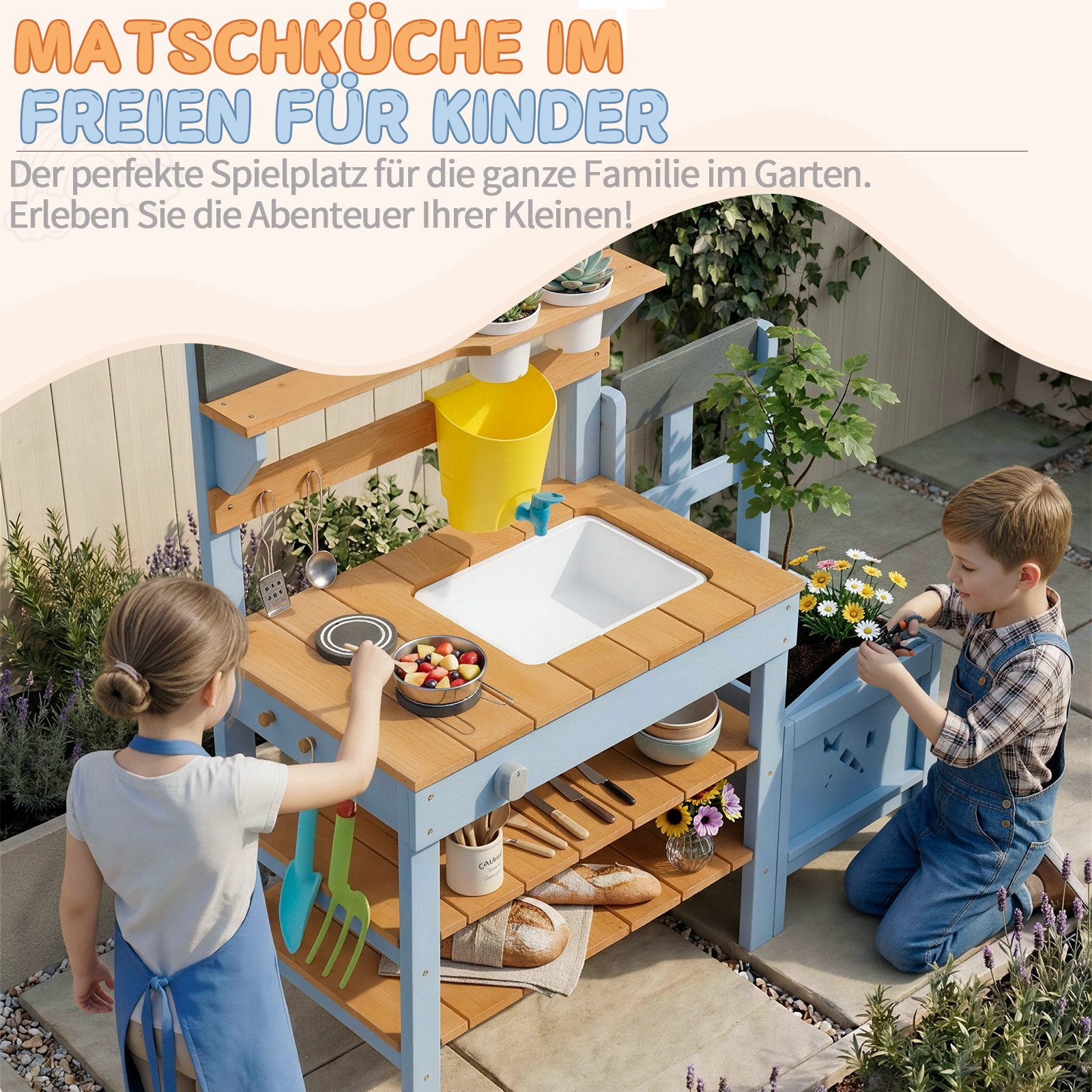 LALAHO Outdoor-Spielküche Matschküche Gartenküche,Spielküche mit Spüle, Kochfeld,Pflanzkasten, Kinderküche Gartenküche für Kinder ab 3 Jahren