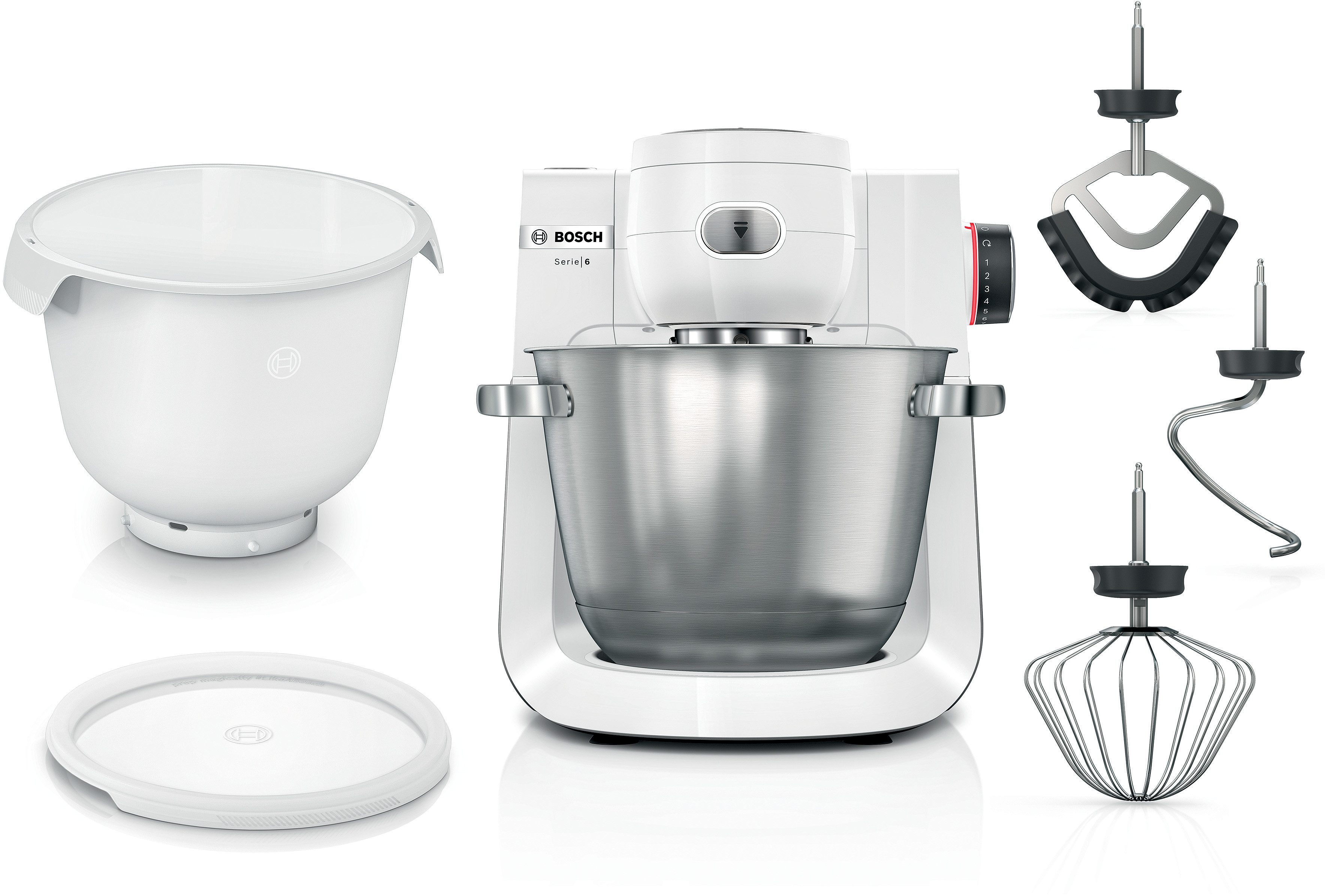 BOSCH Küchenmaschine Serie 6 MUMS6EW18, 2 Schüsseln (Edelstahl, Kunststoff), Deckel, weiß, 1600 W, 13,1 l Schüssel, 2 XL-Schüsseln (Edelstahl, Kunststoff), Patisserie-Set, weiß