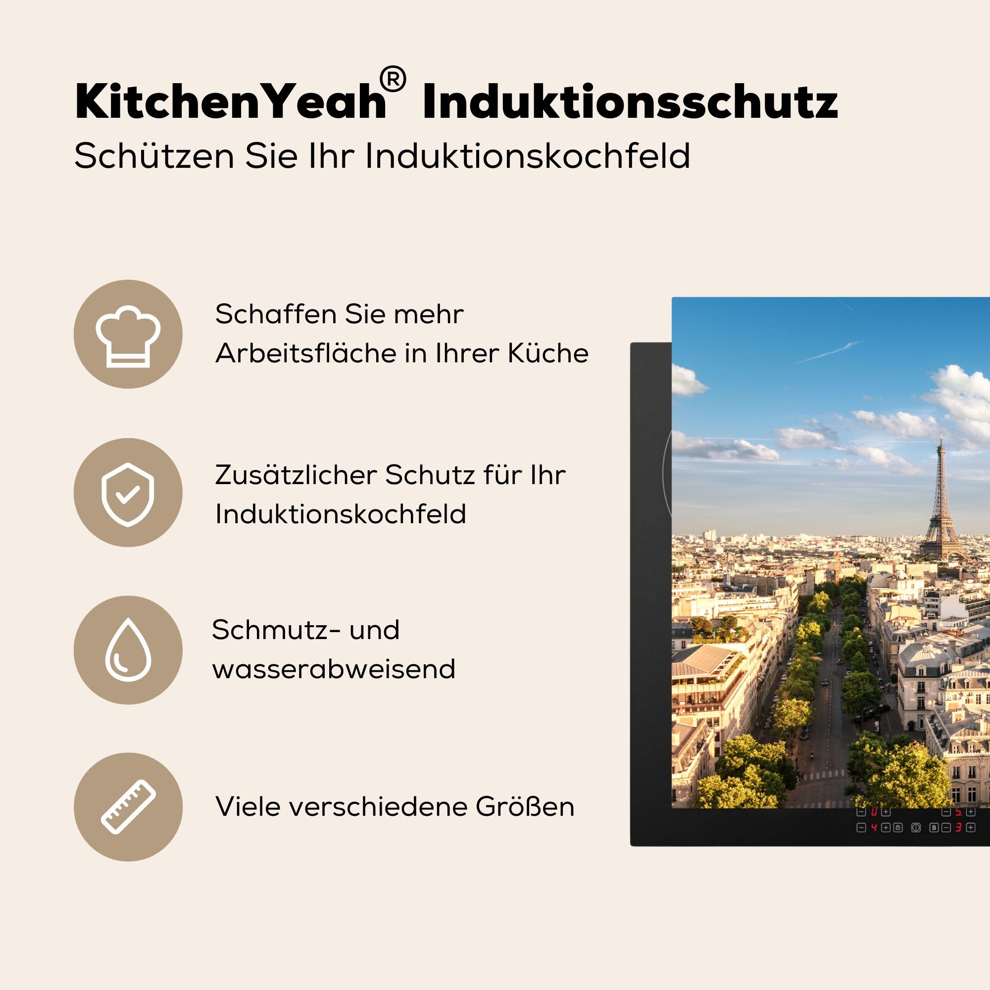 Frankreich die küche, tlg), (1 81x52 MuchoWow Schutz Vinyl, cm, - Paris für Induktionskochfeld Eiffelturm, Herdblende-/Abdeckplatte - Ceranfeldabdeckung