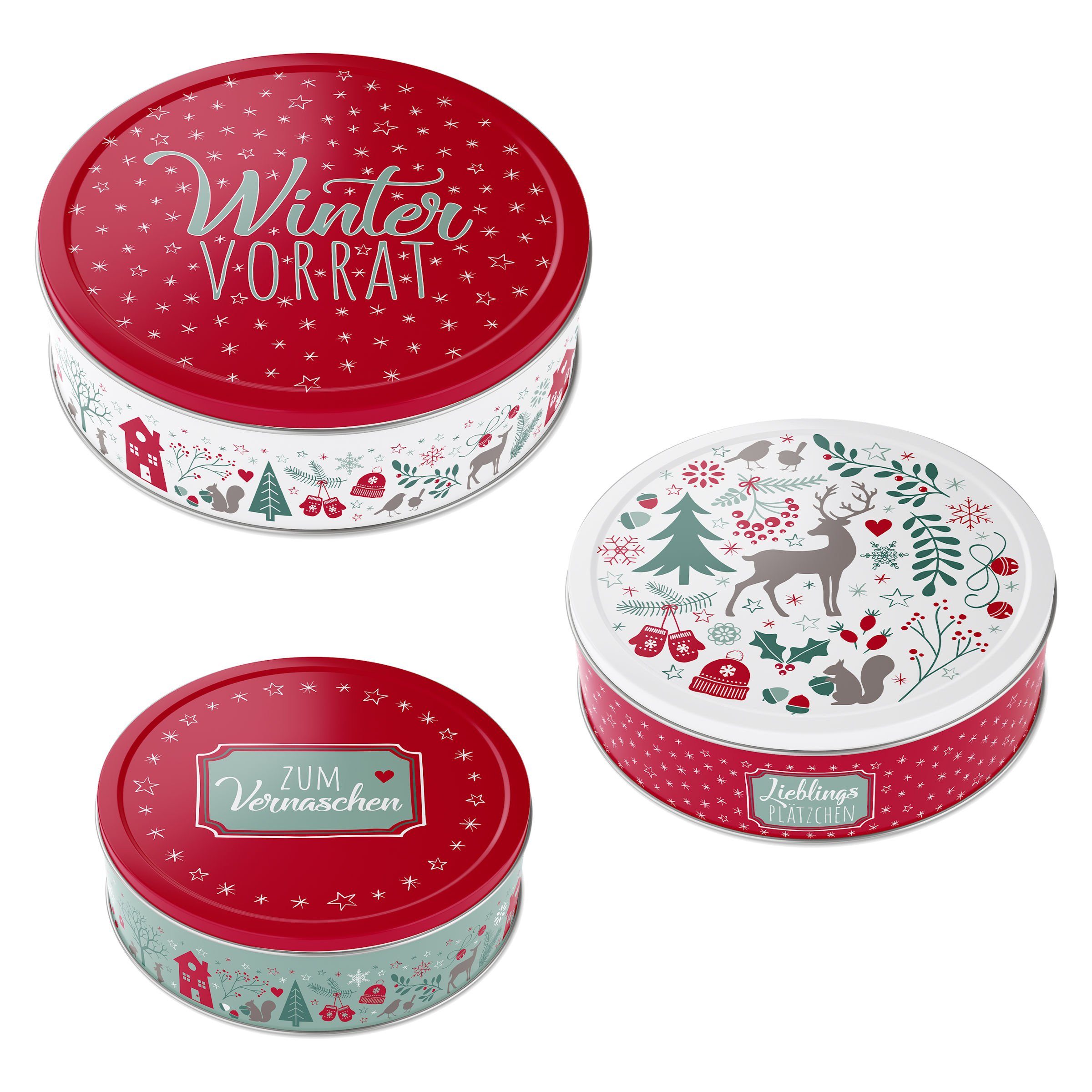Spetebo Keksdose Metall Gebäckdose 3er Set - WINTER VORRAT, Metall, (Set, 3-tlg., 3-teilig), Weihnachts Gebäckdose Keksdose aus Metall stapelbar