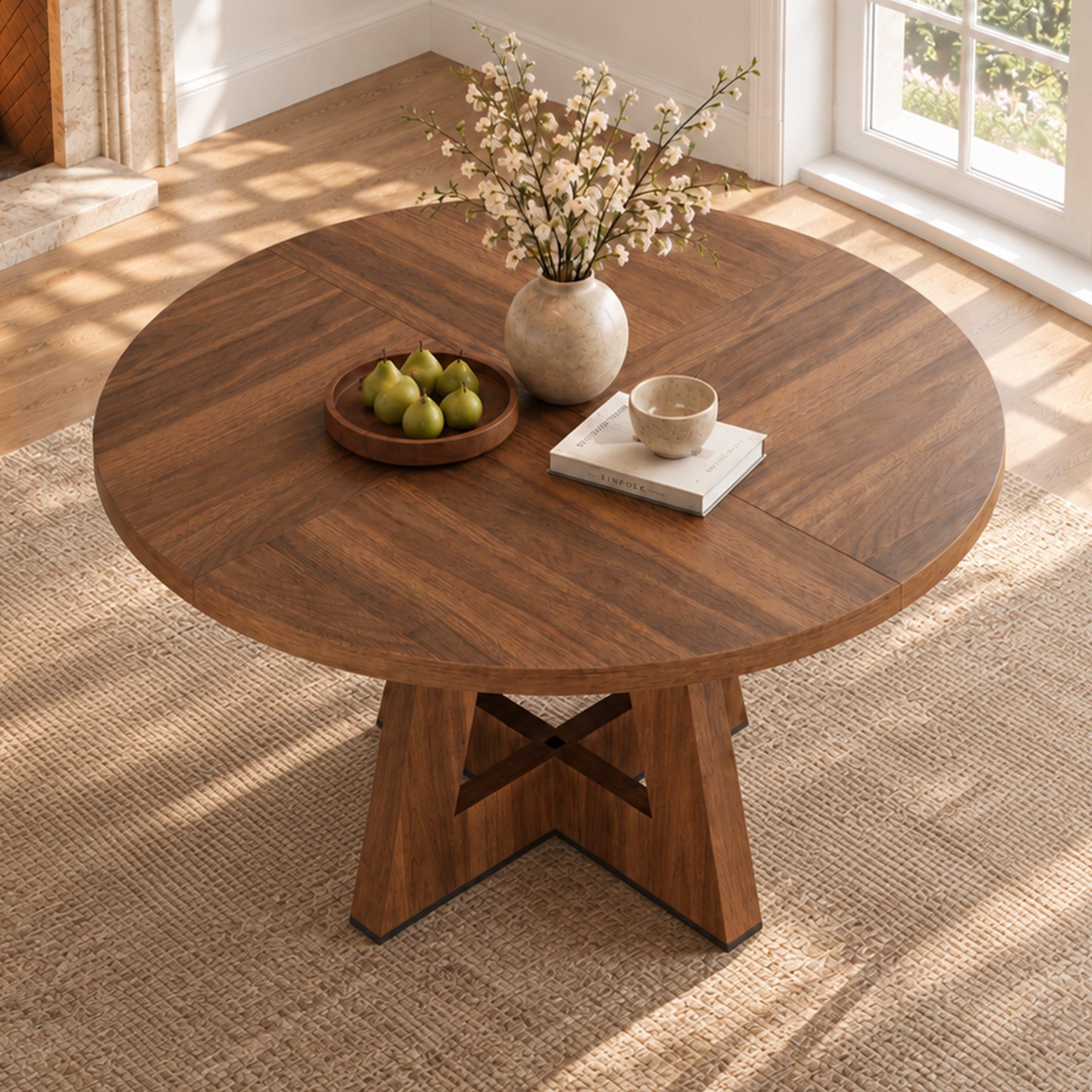 Flieks Esstisch Runder Küchentisch B120xH75 cm, verdickte Tischplatte 2,8cm (1-St., 1 Tisch), multifunktionalaler Tisch Schreibtisch Landhausstil Walnussholzfar – Bild 2 von 5