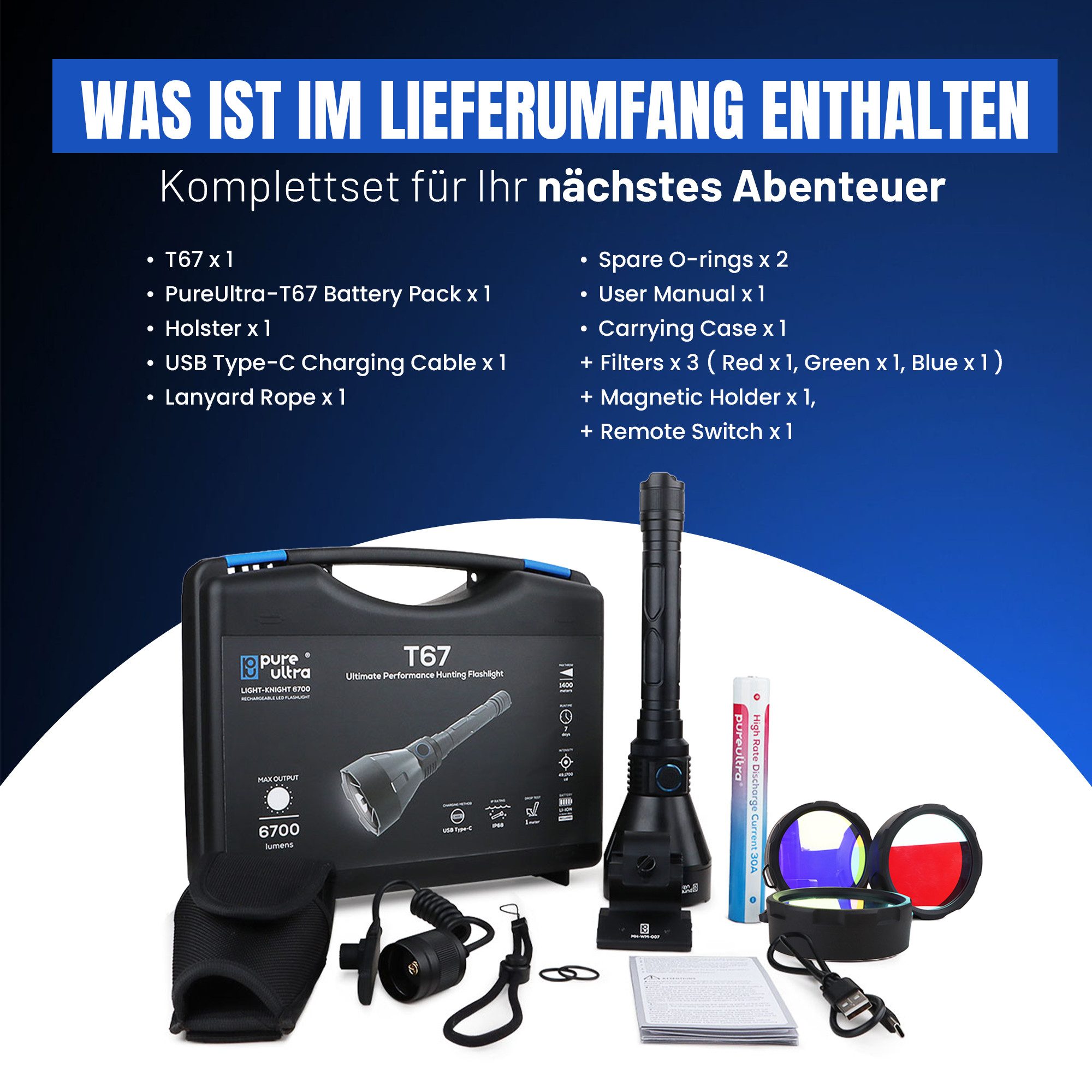 PureUltra LED Taschenlampe T67, 1400m Reichweite, 6700Lm, Search & Rescue, Farbfilter für Einsätze