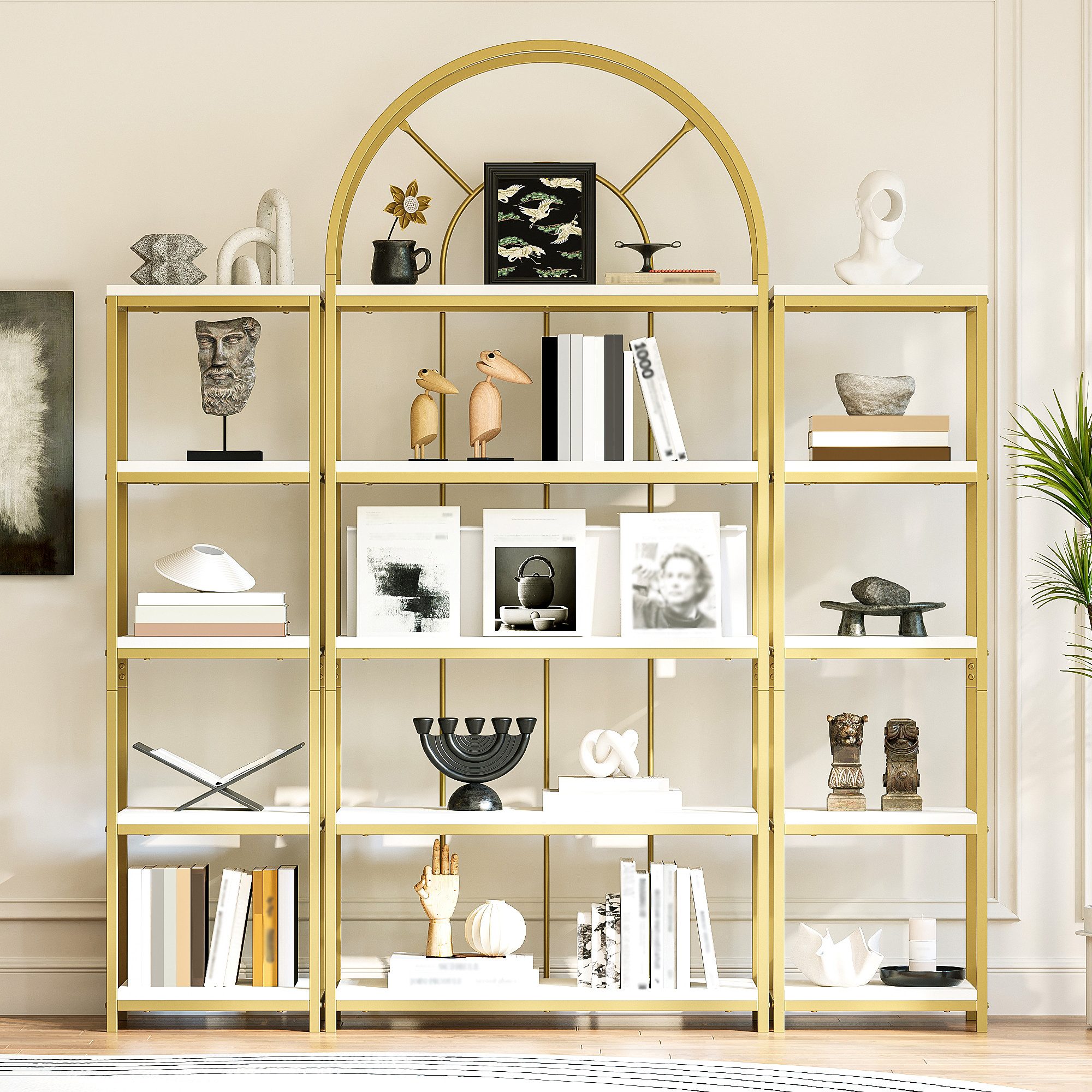Flieks Bücherregal mit Gold-Metallrahmen & weißen MDF-Böden, 163×30×184 cm 3-tlg., Standregal mit 5 Ebenen Lagerregal Hochschrank Bogen-Design