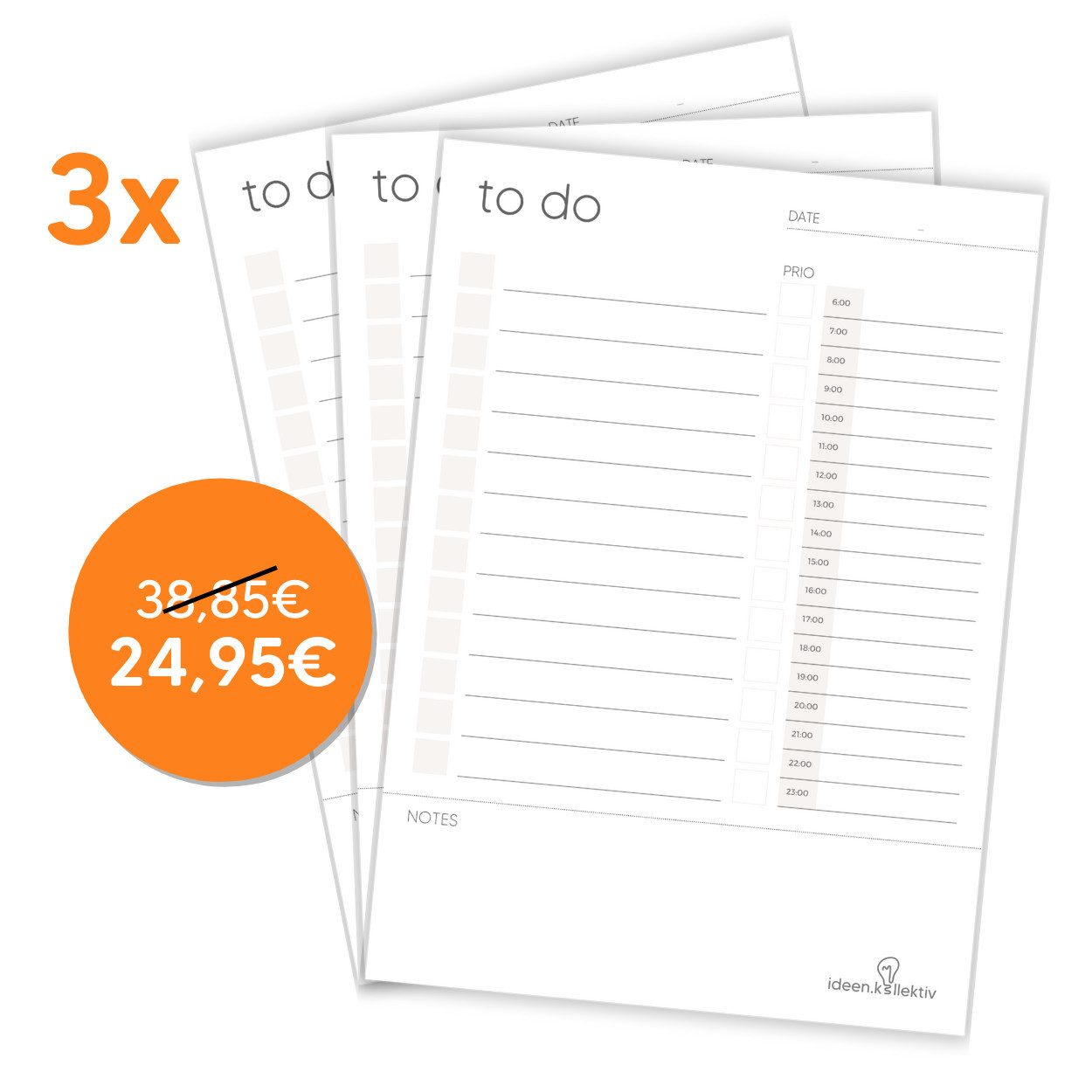 ideen.kollektiv Notizblock ideen.kollektiv – 3er Set A5 To-Do-Listenblöcke mit/ohne Zeitplan –, Aufgabenlisten für Ringbuch, Ringorganizer & Bullet Journaling