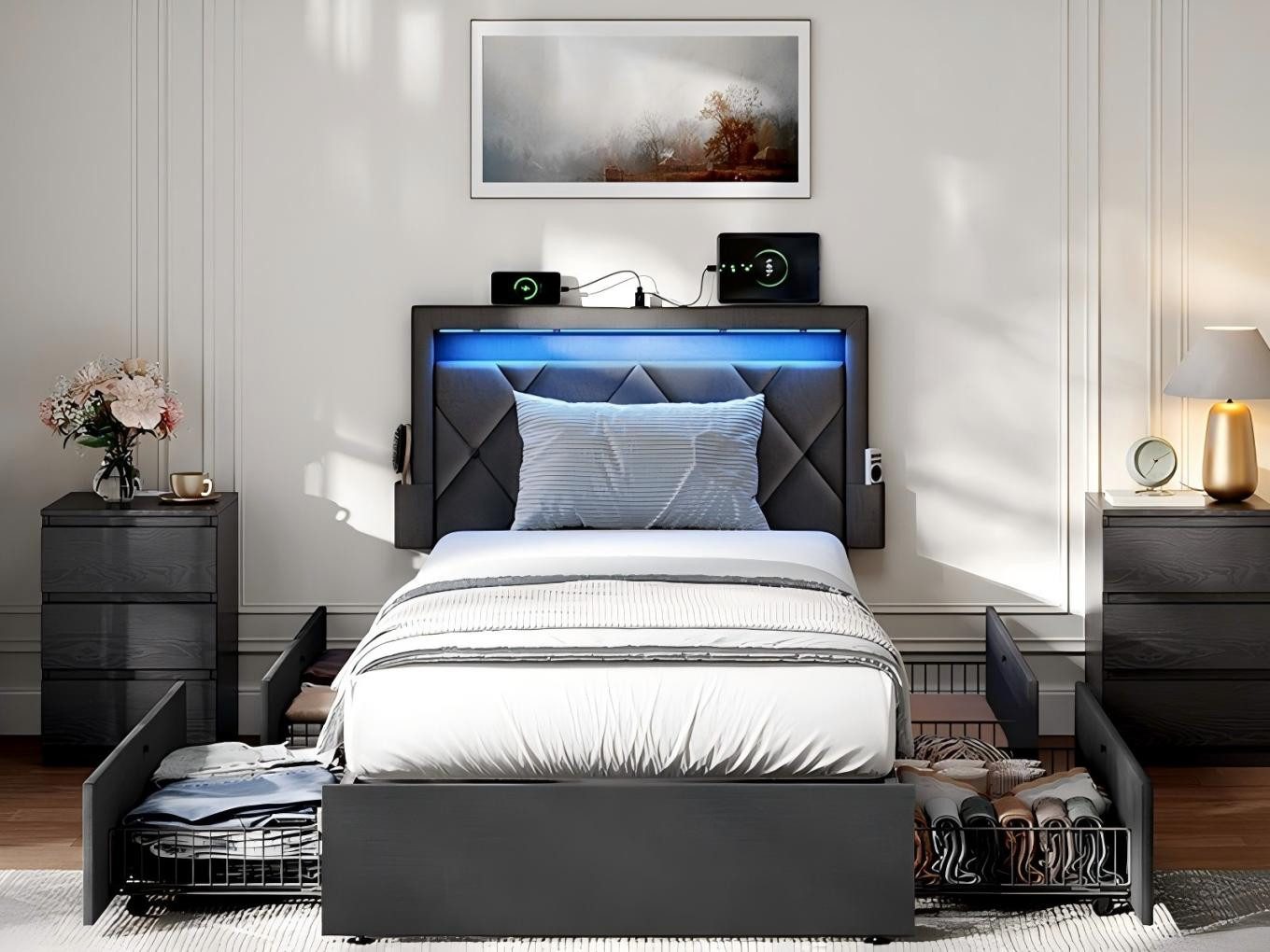 VASAGLE Polsterbett (90 x 200 cm, 4 Schubladen, verstellbares gepolstertes günstig online kaufen