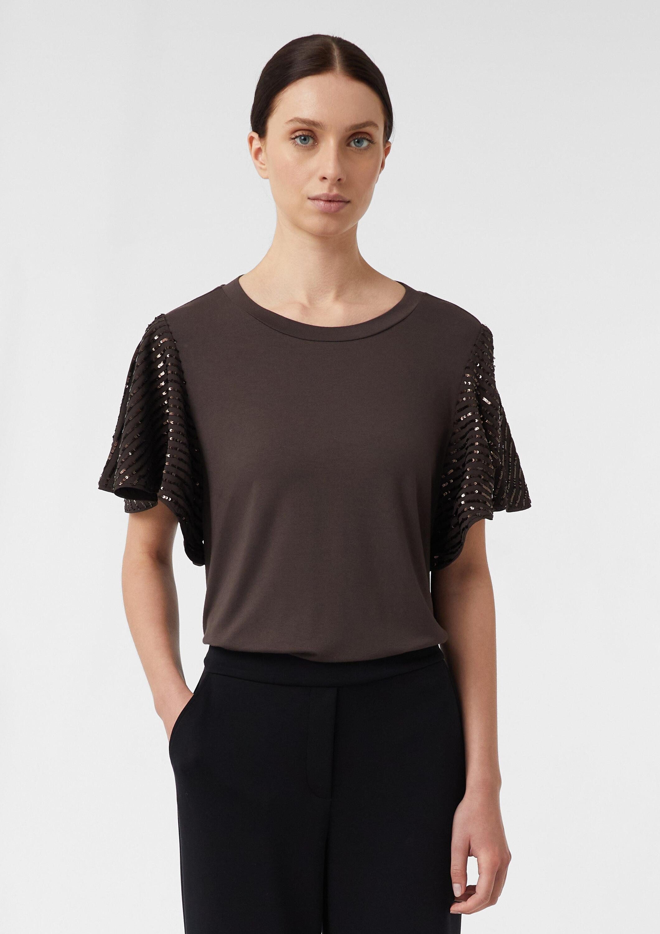 comma Kurzarmshirt T-Shirt T-Shirt mit paillettenbesetzten Volants-Ärmeln günstig online kaufen