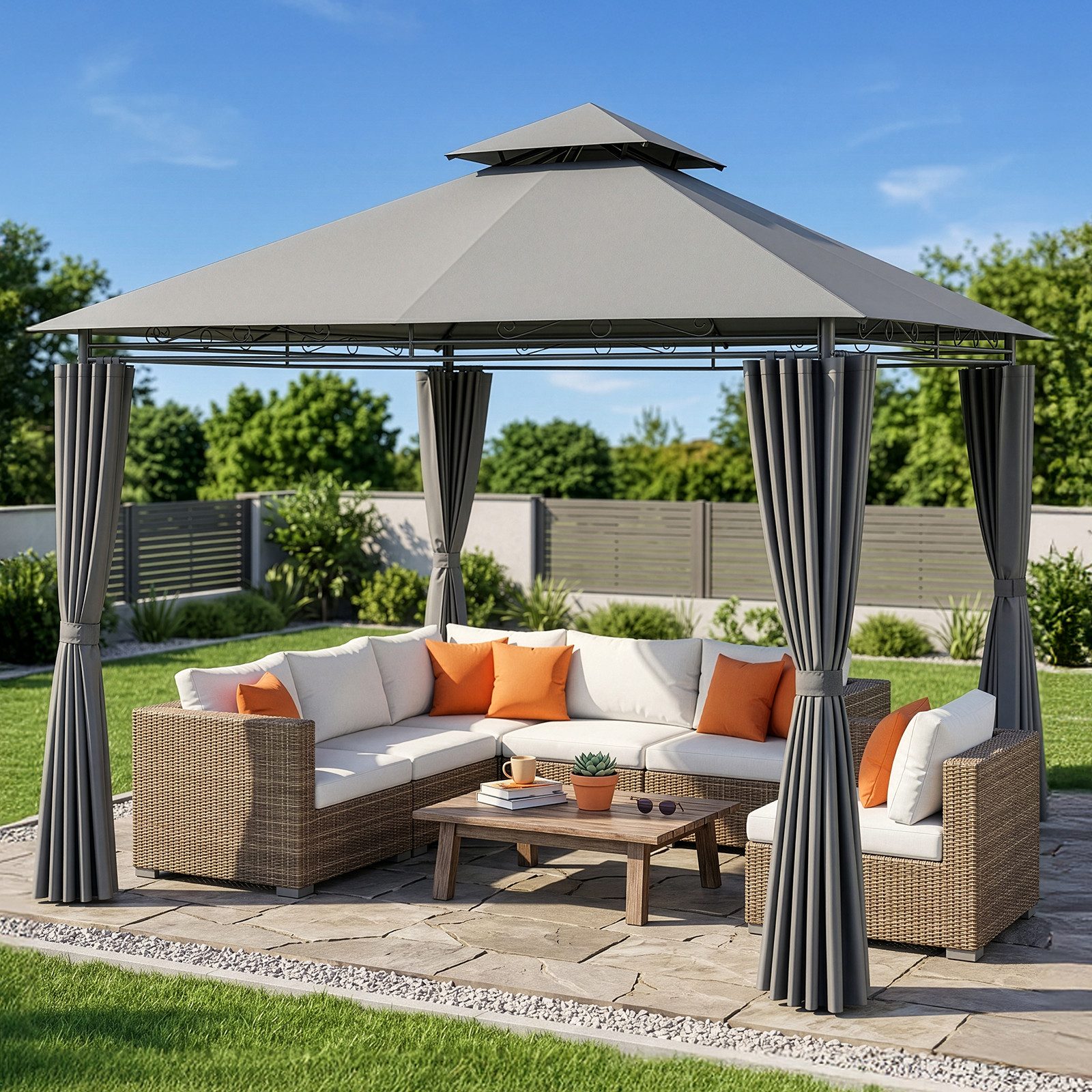 LALAHO Pavillon Partypavillon Gartenpavillon 3x3m mit Doppeldach & Vorhängen, mit 4 Seitenteilen, wetterfest, UV-Schutz, rostbeständig, für bis zu 8 Personen, Grau