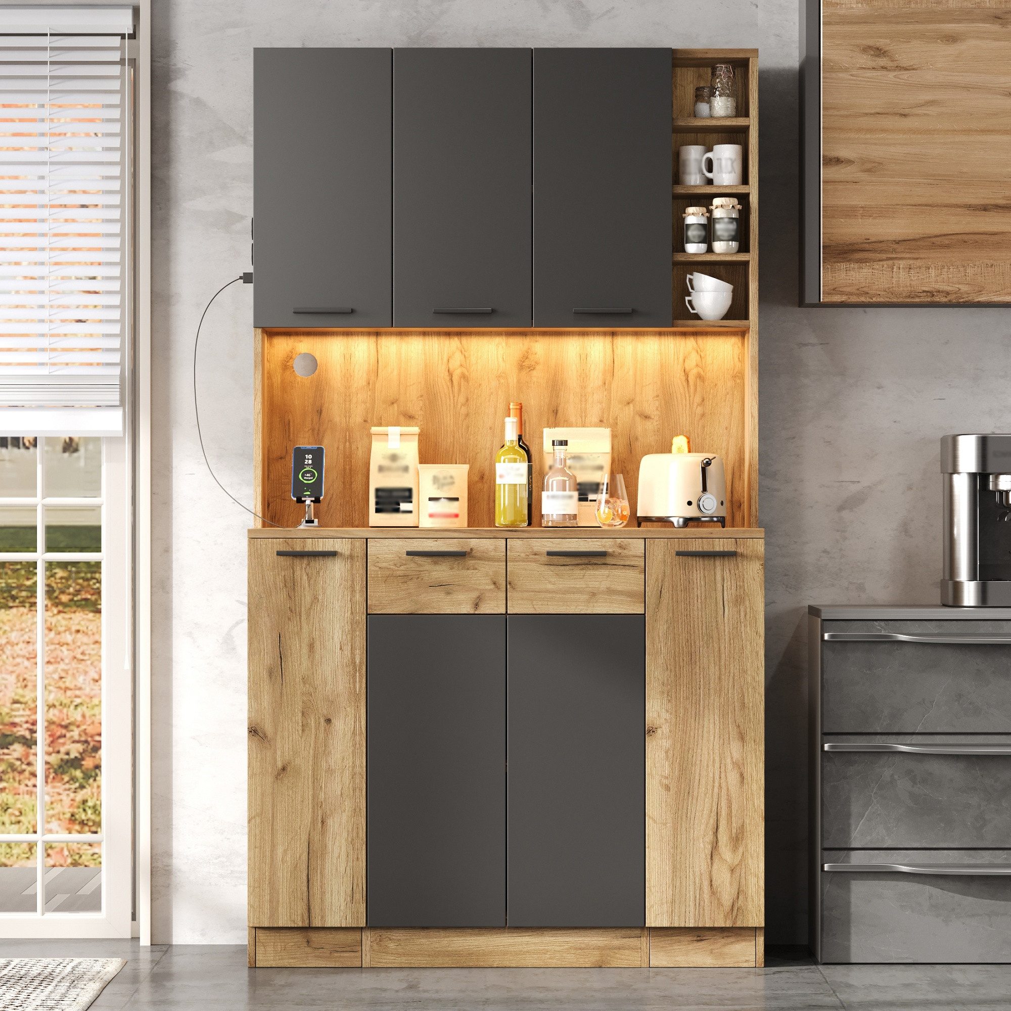Flieks Küchenbuffet Hochschrank mit LED-Beleuchtung, Steckdose, 4-stöckiges Ausziehablagen (B100/T40/H180 cm, 1-St) Mehrzweckschrank Küchenschrank mit verstellb – Bild 3 von 5