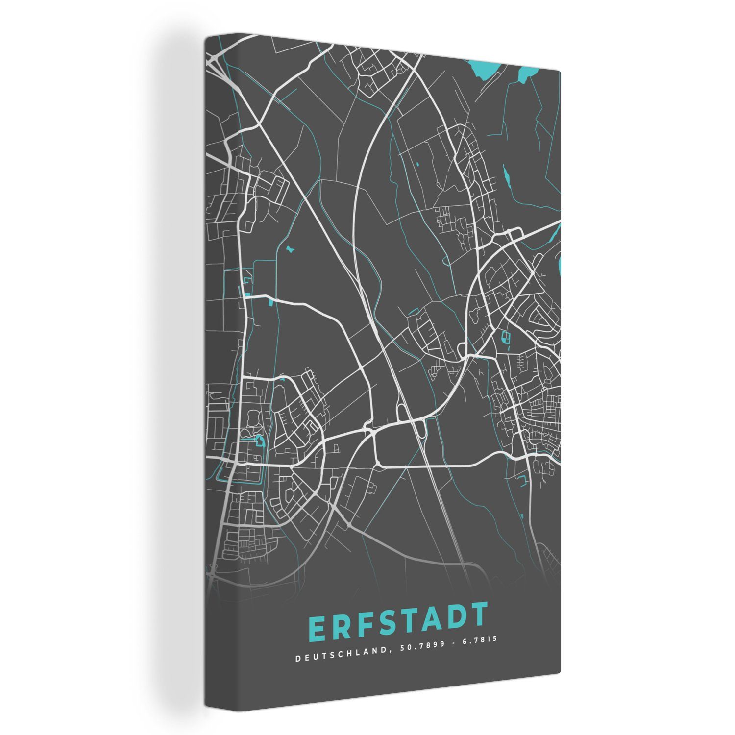 OneMillionCanvasses® Leinwandbild Erfstadt - Stadtplan - Blau - Karte - Deutschland, (1 St), Leinwandbild fertig bespannt inkl. Zackenaufhänger, Gemälde, 20x30 cm