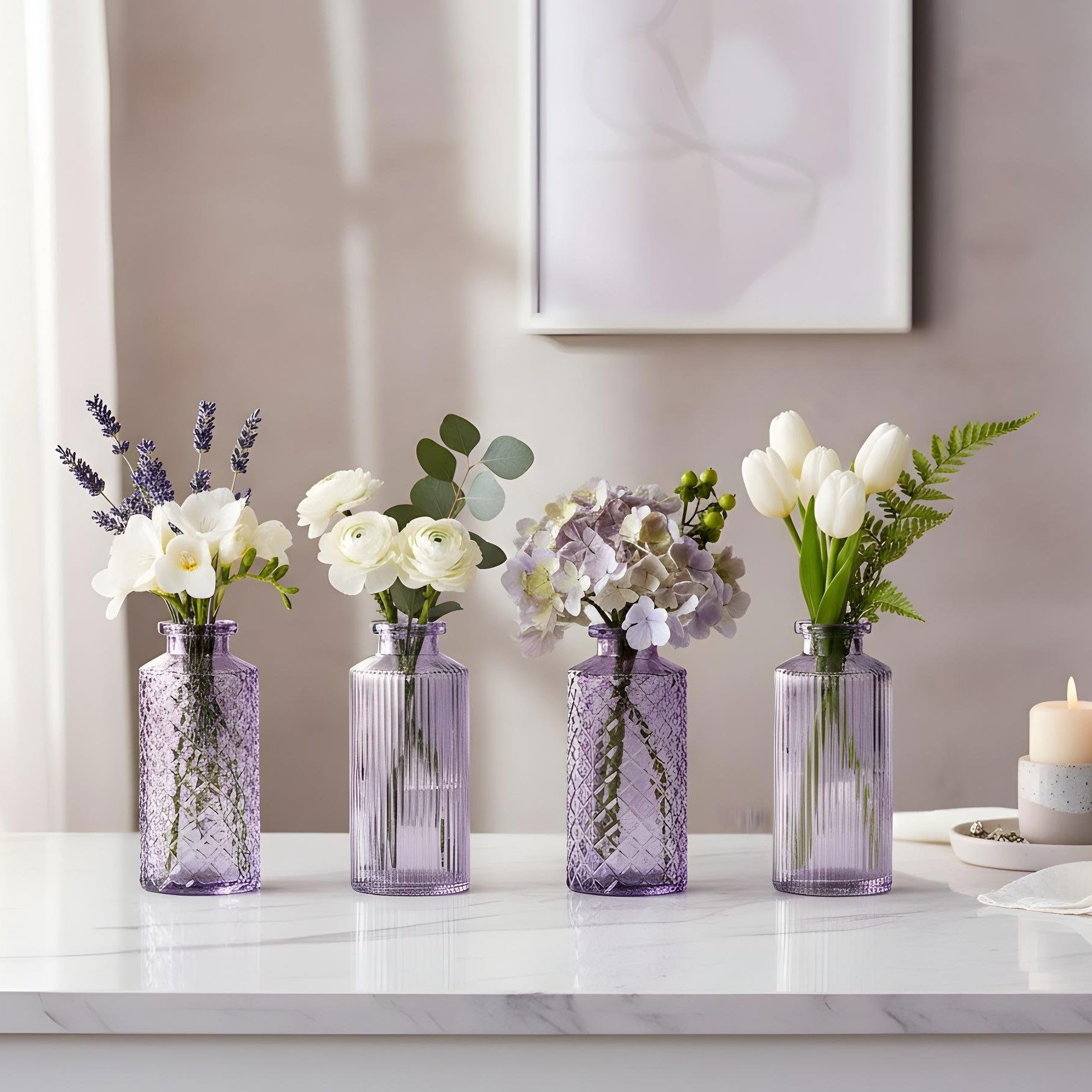 Levandeo® Dekovase, 4er Set Vase Glas Lila H14cm Violett Pastell Blumenvase Tischdeko