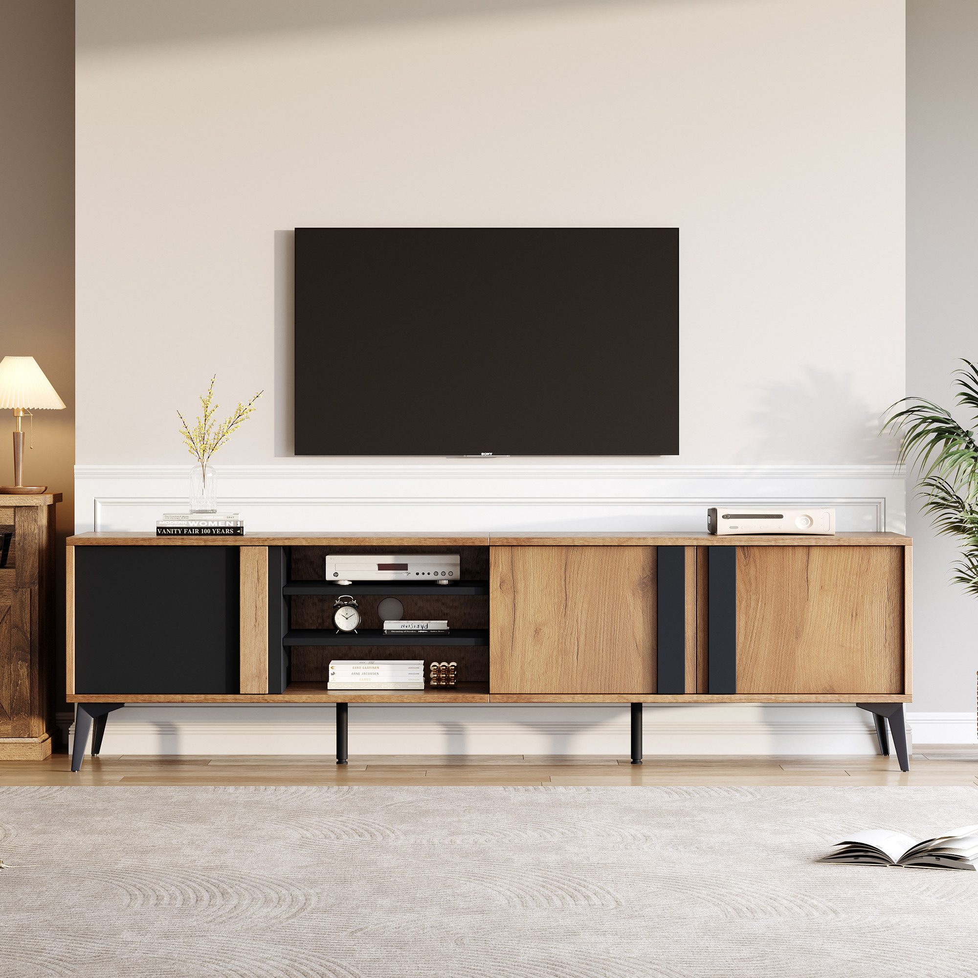 BlingBin TV-Schrank Lowboard mit Schubladen und Türen, Fernsehschrank für Wohnzimmer (TV-Schrank mit 3 Tür und 3 Offenem Fach, TV-Board Für Fernseher bis 80 Zoll, 1-St., Gesamtgröße: 180*40*50 cm, Gewichtskapazität: 50kg) Lowboard für Wohnzimmer, Spanplatte und Eisen, Schwarz & Holzfarbe