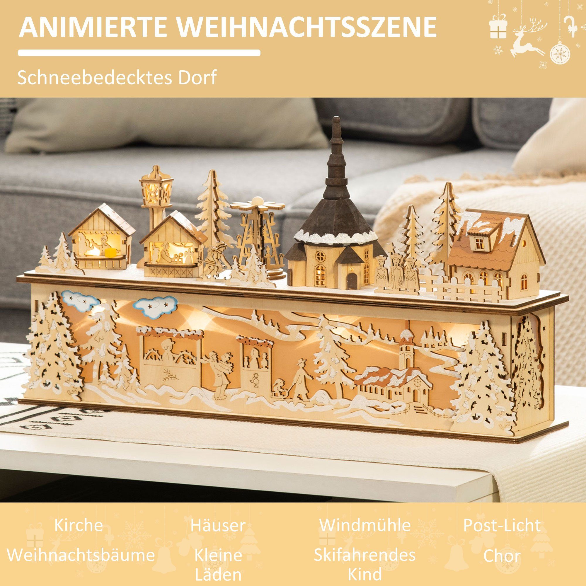 HOMCOM Weihnachtsdorf Weihnachtsdeko, Weihnachtsdorf, 10 LEDs, Holz, 45 x 10 x 25cm, Kirche mit integrierter LED-Beleuchtung, Höhe 25 cm