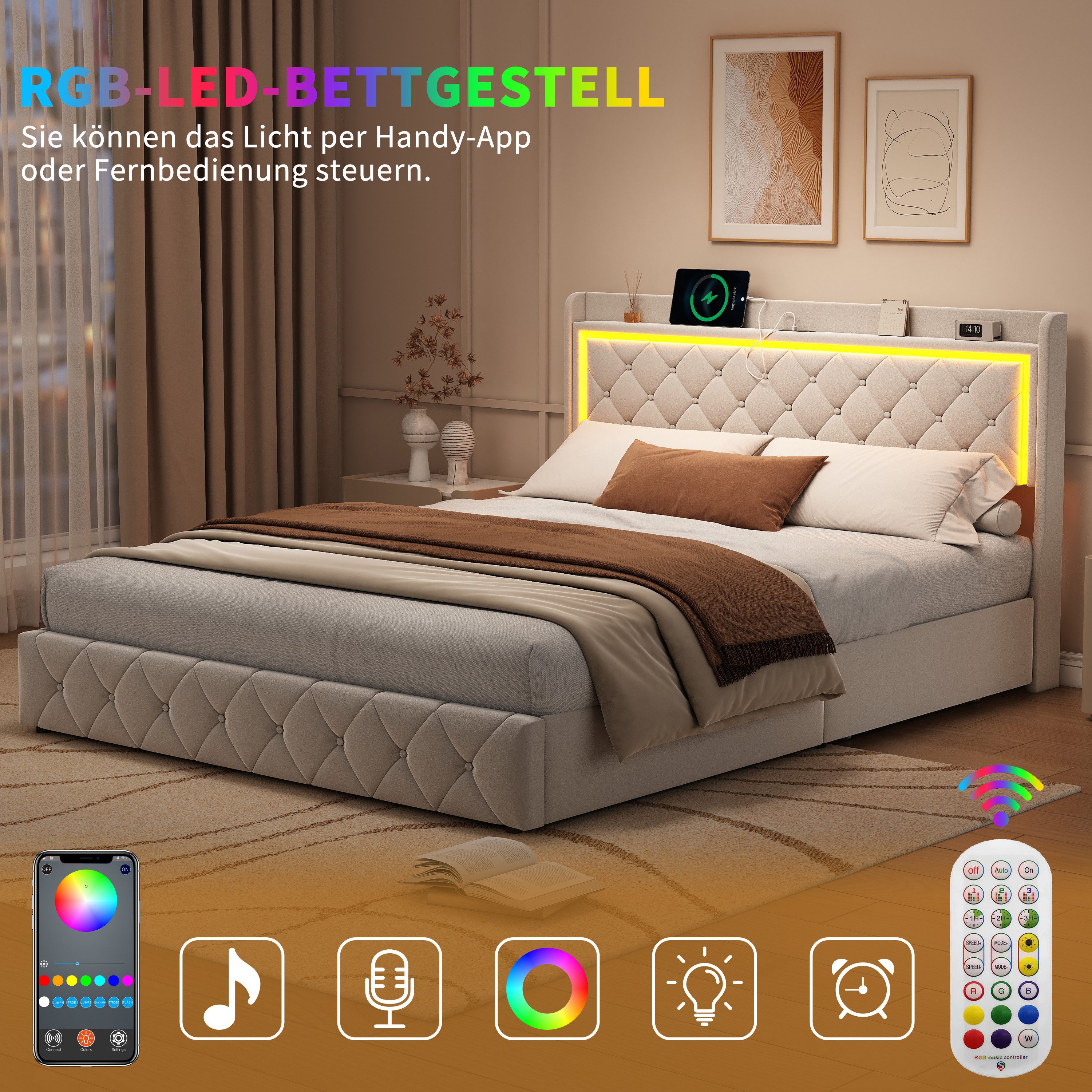 Simurq Stauraumbett Polsterbett 140x200/190cm, Doppelbett mit 4 Schubladen,LED mit USB (2 USB-Ports und 1 Typ-C-Anschluss, Jugendbett mit Bettkasten und Lattenr – Bild 3 von 5