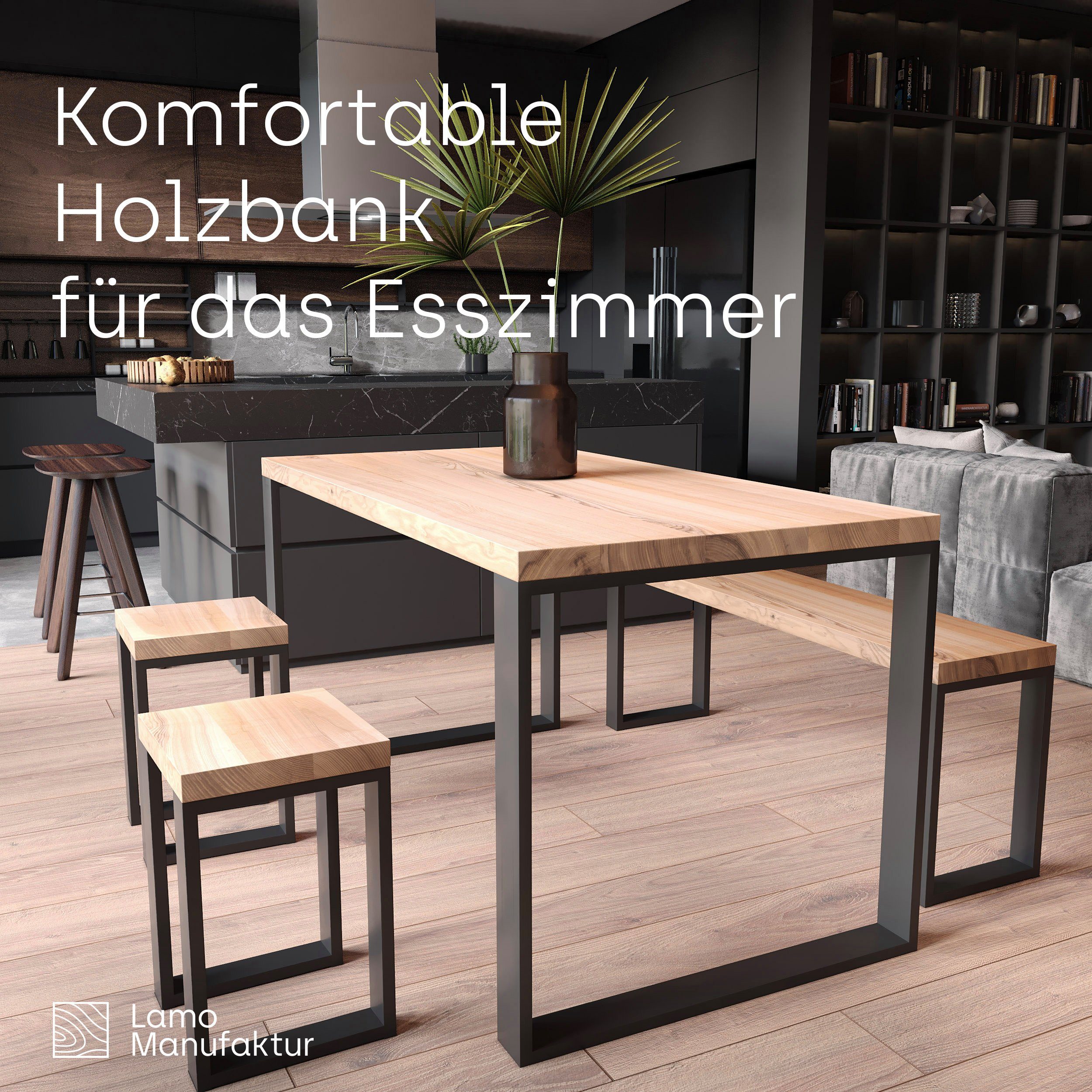 LAMO Massivholzplatte stake 3-Teilig), LSB 40mm | (Komplett-Set, Rohstahl Manufaktur Sitzbank Klarlack Dunkel mit Essbank