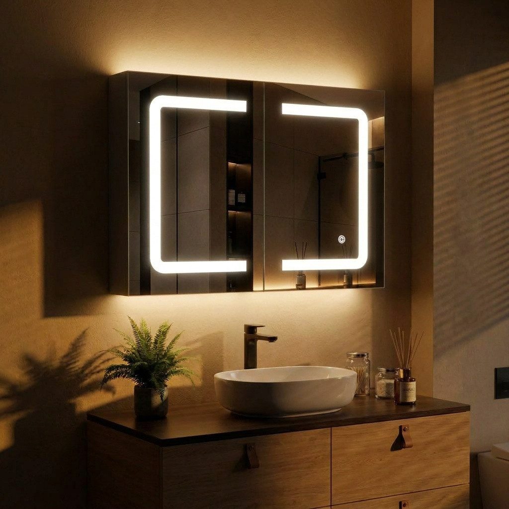 PXloue Badezimmerspiegelschrank mit licht Spiegelschrank bad mit beleuchtung (Einstellung der warmen und kalten Farbtemperatur 3000/4500/6400K) inkl. LED-Beleuchtung, Stecker, Touchschalter, Beschlagfrei