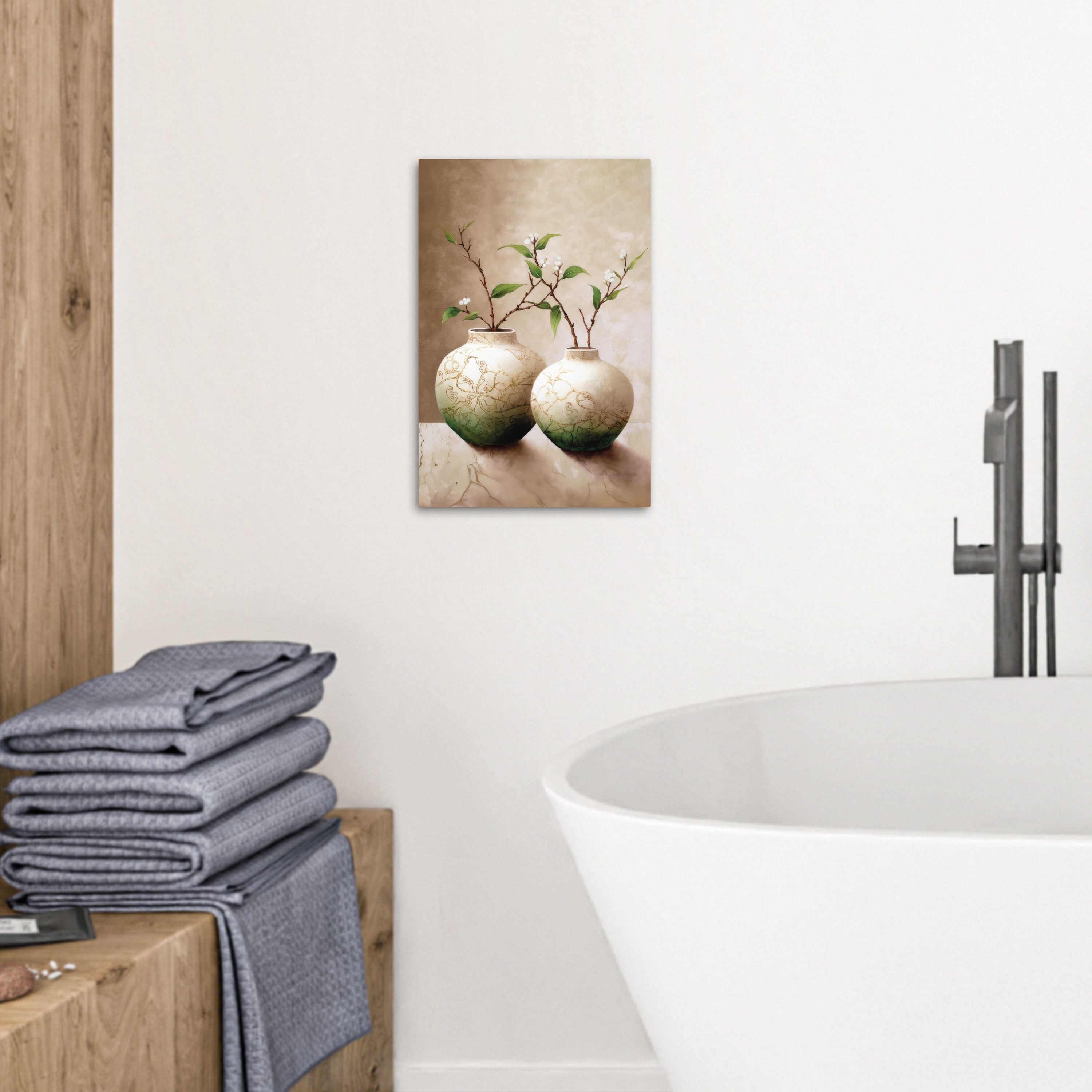 OneMillionCanvasses® Leinwandbild Blumen - Vase - Weiß - Botanisch - Beige, Fotodruck (1 St), Badezimmer Deko, Bilder WC, Toilette Wanddeko 20x30 cm