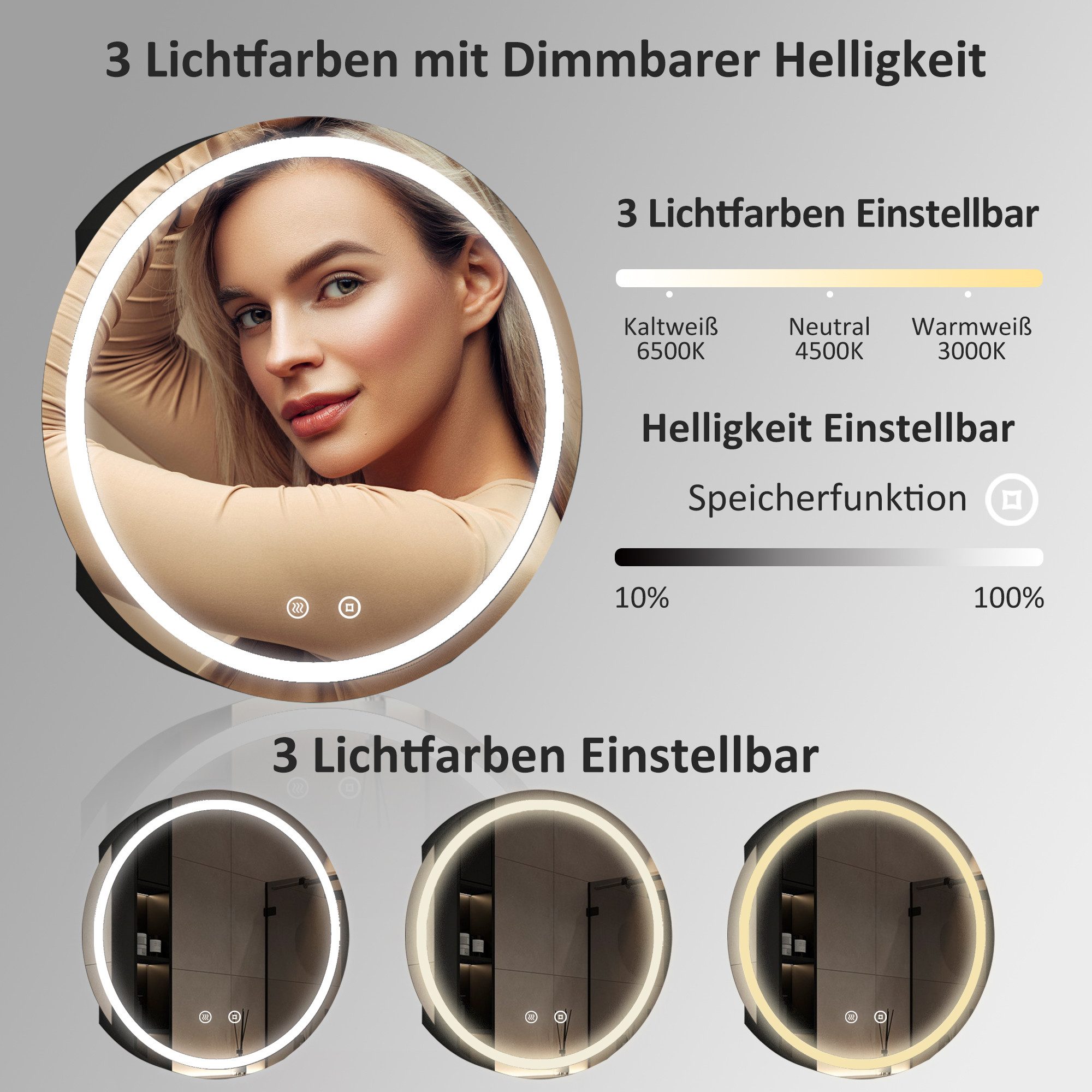 WDWRITTI Spiegelschrank Bad 60 cm breit Schwarz Badezimmer Spiegelschrank LED Beleuchtung (Wandschrank Hängeschrank Schwarz Rund 60x60cm, 3Lichtfarben, Dimmbar, Anti-fog, Speicherfunktion) Stahlblechregale, mit Netzadapter, IP44