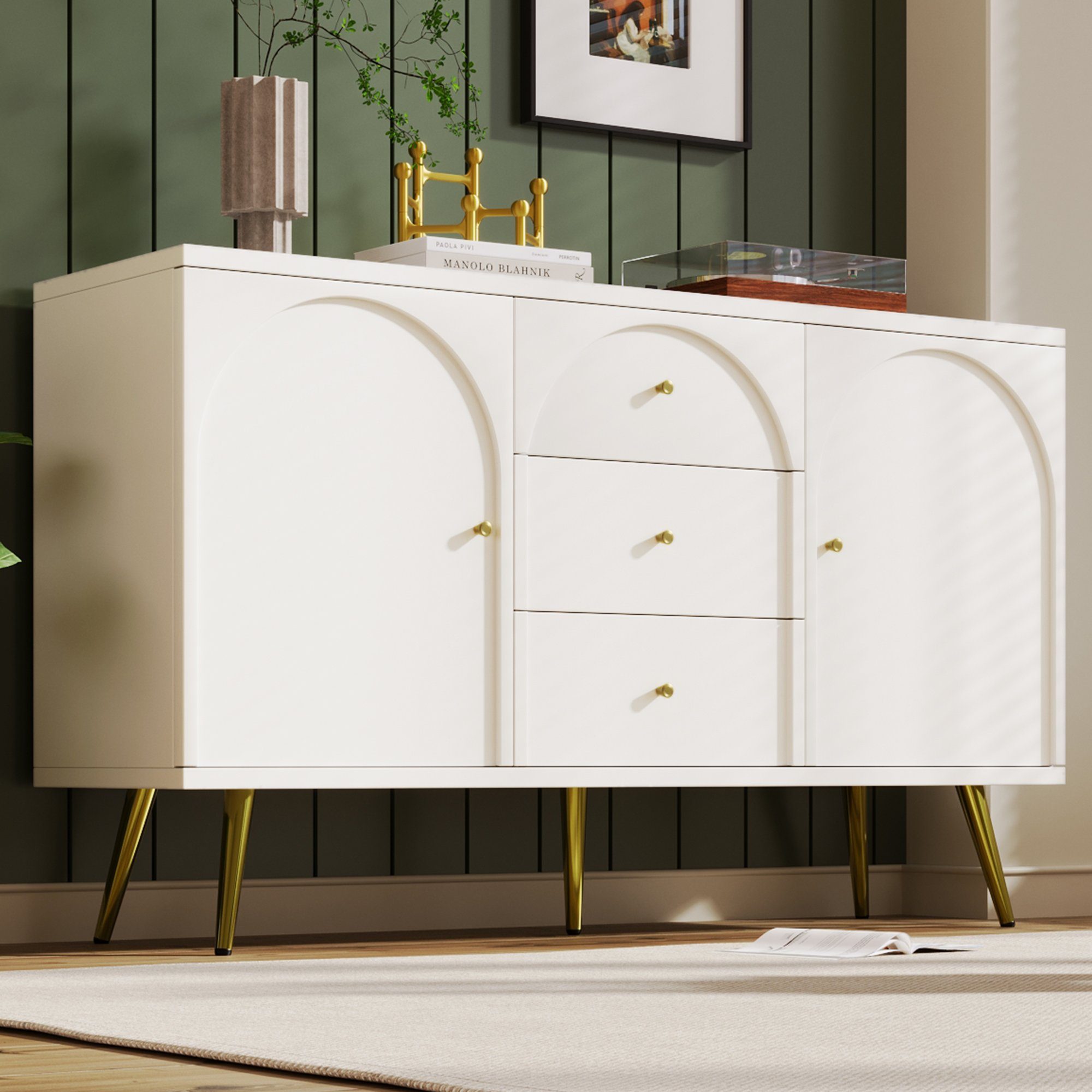 Odikalo Eckkommode Sideboard Lagerschrank 2 Türen 3 Schubladen Verstellbare Ablage Weiß