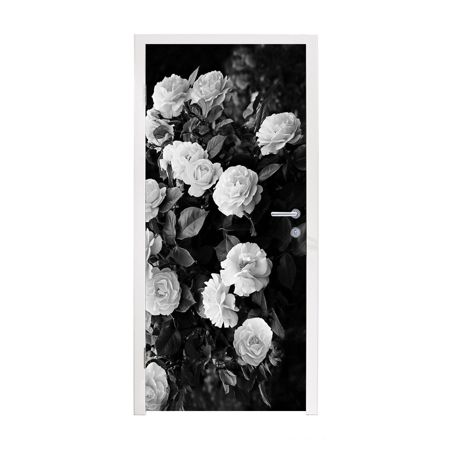 MuchoWow Türtapete Blumen - Schwarz und Weiß - Natur - Pflanzen - Rosen, Matt, bedruckt, (1 St), Fototapete für Tür, Türaufkleber, 75x205 cm