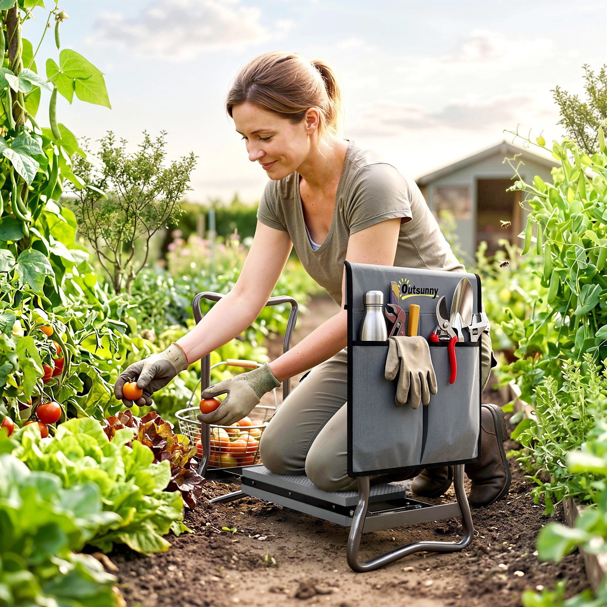 Outsunny Arbeitshocker klappbar mit Kniekissen, Werkzeugtaschen, belastbar bis 150 kg (Gartenhocker, 1 St., Kniebank), zum Knien & Sitzen 58 x 28 x 49cm Grau