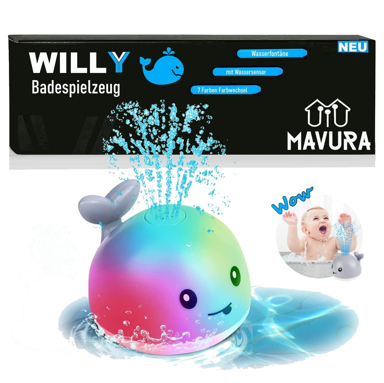 MAVURA Badespielzeug WILLY Der Wal - Wasserspielzeug Badewannenspielzeug mit Fontäne & LED, Baby Kinder Wassersprinkler Spielzeug Farbwechsel Sprinkler