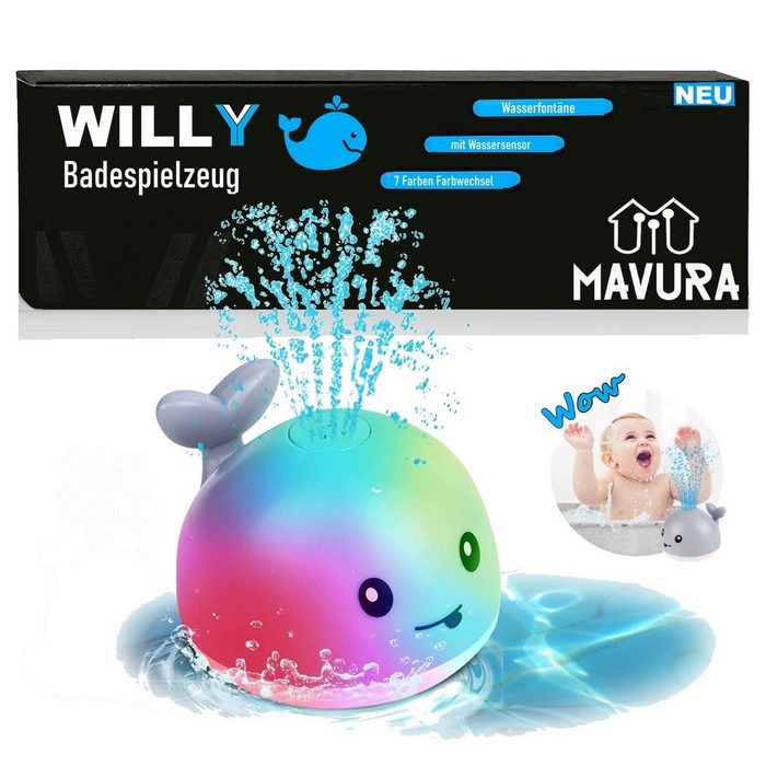 MAVURA Badespielzeug WILLY Der Wal - Wasserspielzeug Badewannenspielzeug mit Fontäne & LED Baby Kinder Wassersprinkler Spielzeug Farbwechsel Sprinkler